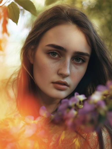 Capture a dreamy portrait of a woman immersed in natural, soft-focus beauty; long wavy hair, vibrant purple flowers near her face, and a warm, ethereal glow created by diffused sunlight through green foliage. Use natural backlighting to add a halo effect around her hair and enhance the flowers' translucence. Employ wide aperture (f/2.0 to f/2.8) to blur the background, with a portrait lens like 85mm for soft, intimate focus. The color palette should emphasize earthy tones with yellow and orange hues, framing the scene in natural harmony and calm, enhanced by subtle post-processing for warmth and softness, capturing the essence of organic serenity.