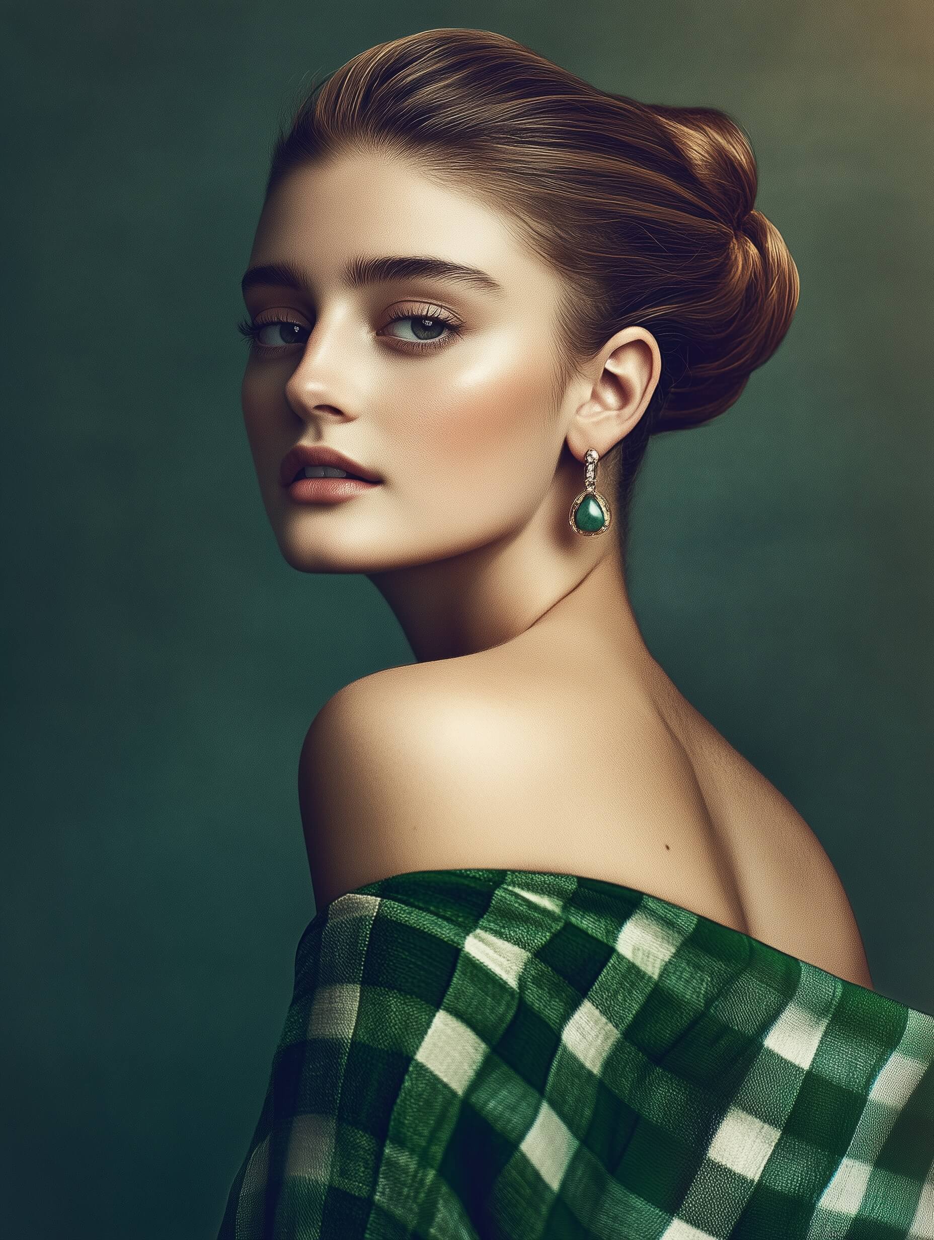 In this elegant portrait, a young woman's side profile is captured against a muted teal background, emphasizing her refined beauty. Her polished look includes neatly styled hair in a low bun and glowing matte skin. The lighting is soft and diffused, highlighting her cheekbones and jawline gently. A wide aperture creates a blurred background, focusing on her profile with minimal noise thanks to a low ISO setting. The composition uses negative space to enhance her elegance, and light post-processing adds smooth skin texture while maintaining detail. The color palette harmonizes with the subject’s dark hair and fair skin.