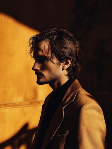 A man with wavy, slightly tousled hair stands in the warm golden hour light, wearing a tan overcoat over a black shirt. The sunlight softly casts shadows that enhance his facial features and hair texture. He has a relaxed expression, creating a calm and contemplative mood. The image uses a shallow depth of field, focusing on the man while subtly blurring the earthy-toned background, highlighting simplicity and sophistication.