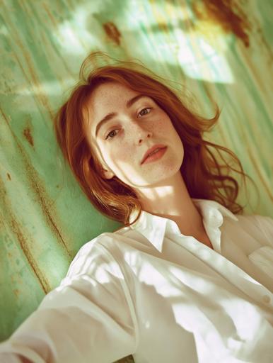 The image showcases a softly lit, serene portrait of a young woman with light skin, wavy shoulder-length hair, and natural freckles exuding tranquility and simplicity. Her relaxed pose and subtle smile are accentuated by a white button-up shirt against a muted pastel green background. Soft natural lighting highlights the gentle features with a shallow depth of field thanks to a wide aperture. The composition uses the rule of thirds to focus the viewer's attention on her natural beauty, while minimal retouching underscores authenticity by preserving freckles and soft skin textures, enhanced via subtle post-processing to maintain an airy feel.