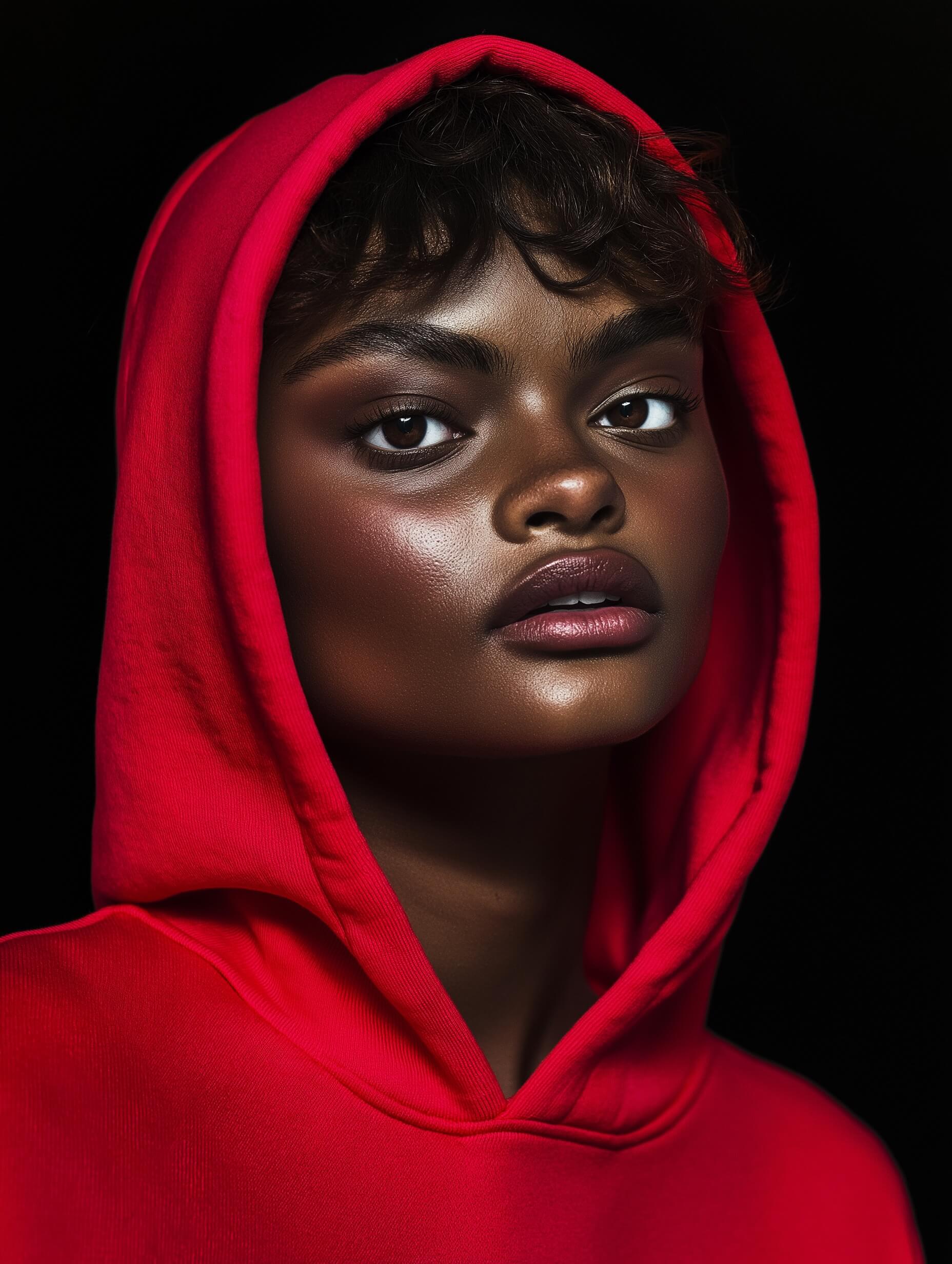 Ce portrait saisissant capture une femme noire partiellement cachée dans la grande capuche d'un sweat-shirt rouge vif, son regard intense perçant à travers les ombres, créant un air de mystère. Seuls ses yeux et une partie de son visage sont visibles sur un fond noir profond, soulignant le contraste vif entre le sweat à capuche et l'obscurité. Ses cheveux courts et bouclés encadrent subtilement son visage, se fondant parfaitement dans les ombres. La composition centrée attire l'attention sur ses yeux grâce à l'utilisation d'un éclairage directionnel doux et d'une ouverture rétrécie, ce qui entraîne un bruit minimal et un arrière-plan flou qui améliore la vivacité du sweat à capuche et la netteté de son expression. Un objectif de portrait complète la composition centrée, isolant sa silhouette et accentuant le contraste dramatique de la palette de couleurs limitée. Le post-traitement accentue le contraste et met en valeur son regard pénétrant, préservant les textures naturelles. Le style surdimensionné et décontracté du sweat à capuche contribue au thème de l'intrigue et de l'isolement de l'image, créant un récit visuel convaincant forgé à partir de l'ombre, de la lumière et de la couleur.