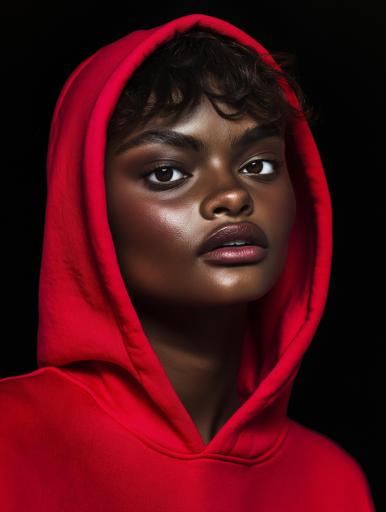 This striking portrait captures a Black woman partially hidden within the large hood of a vibrant red sweatshirt, her intense gaze piercing through shadows, creating an air of mystery. Only her eyes and part of her face are visible against a deep black backdrop, emphasizing the vivid contrast between the hoodie and the darkness. Her short, curly hair subtly frames her face, blending seamlessly into the shadows. The centered composition draws focus to her eyes with the use of soft directional lighting and a narrowed aperture, resulting in minimal noise and blurred background that enhances the vividness of the hoodie and sharpness of her expression. A portrait lens complements the centered composition, isolating her figure and heightening the dramatic contrast of the limited color palette. Post-processing accentuates contrast and highlights her penetrating gaze, preserving natural textures. The oversized, casual style of the hoodie contributes to the image's theme of intrigue and seclusion, creating a compelling visual narrative forged from shadow, light, and color.