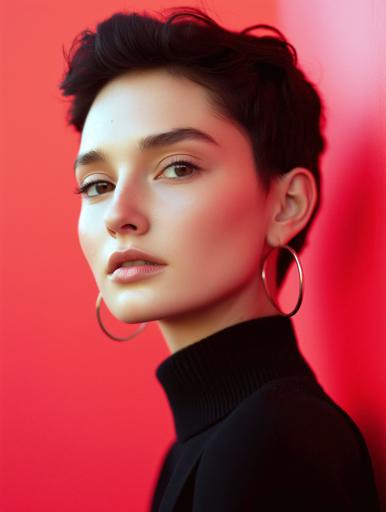 Retrato cautivador en primer plano de una mujer joven posando frente a una pared de un rojo vibrante, con su cabello oscuro corto y ondulado, grandes aros y una expresión neutra y segura con maquillaje natural. Lleva una sencilla blusa negra, que juega con el estilo contemporáneo minimalista. La foto cuenta con una paleta de colores rojo y negro audaces con un brillo de piel natural. Una iluminación suave y uniforme realza los rasgos naturales, tomada con una profundidad de campo reducida para desenfocar el fondo, y se sugieren preferencias por un lente de 50 mm u 85 mm para capturar la esencia profundamente. La composición se centra en el sujeto a través de la regla de los tercios, mientras que el posprocesamiento amplifica el contraste y la nitidez, con un brillo mínimamente procesado contra el fondo audaz. Su pose relajada y su mirada intencional forman una conexión, enriquecida por la estética minimalista pero fuerte.