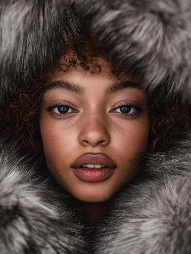 An intense, visually captivating portrait features a Black woman with short curly hair, surrounded by thick gray fur that frames her face in a tight, centered composition. Her neutral yet slightly melancholic expression is accentuated by her piercing gaze, creating a striking contrast between her deep brown skin and the plush, dark fur. The lighting highlights her cheekbones, lips, and nose with a soft glow, emphasizing the smoothness of her complexion. Detailed fur captures the light, maintaining focus on her features. A prime lens provides sharp focus on her face with a soft blur around the fur, complemented by a warm and earthy color palette that enhances rich brown and red tones.