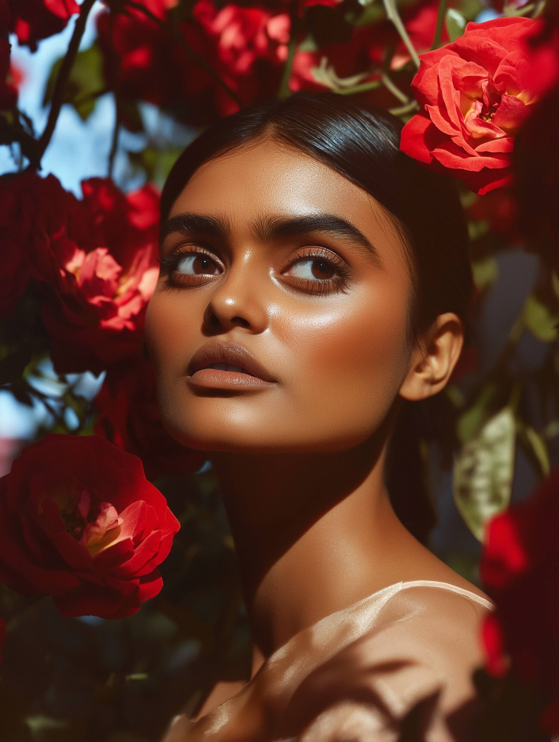 A beautiful portrait framing a serene woman with tousled dark hair, wearing a loose beige garment, surrounded by vibrant red roses and lush green foliage. The soft natural lighting and shallow depth of field create a peaceful, ethereal atmosphere. Sharp focus is on her calm expression, with her hand positioned near her chest, adding a touch of delicacy. Taken with a 50mm or 85mm prime lens at an aperture of f/1.8 to f/2.8 to enhance subject isolation and background blur. Colors contrast elegantly between the reds, greens, and the subject’s skin, with slight post-processing to enhance vibrancy and smoothness. The composition draws attention to her face, blending beauty with nature.