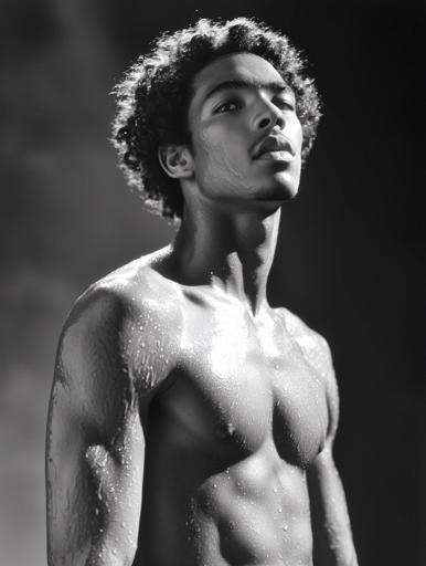 This powerful black-and-white portrait showcases a shirtless young black man with a defined physique and short curly hair, accentuated by dramatic shadows that highlight his musculature and facial features. With a contemplative expression marked by vulnerability, water droplets add texture to his skin against a deep, dark background, isolating the subject for maximum focus. Using a single, softly diffused light source positioned slightly above and to the side, the portrait employs chiaroscuro lighting to sculpt the subject's muscles and facial contours. Camera settings likely include a moderate aperture around f/5.6, a fast shutter speed of 1/200 to 1/250, and a low ISO of 100-200 to ensure clarity and minimize noise. A portrait lens, possibly 85mm or 50mm, enhances the subject's physique and expression, with the centered composition offering a dynamic, intimate feel through a downward gaze. The black-and-white conversion intensifies the emotional impact, and post-processing techniques like high contrast, skin detailing, dodge and burn, and black point adjustment further emphasize the subject's raw presence, creating a dramatic and evocative image.