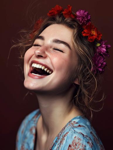 Capture a joyful moment featuring a woman with pale white skin, characterized by her closed-eye smile, exuding unfiltered happiness. Her wavy hair is adorned with a vibrant purple flower crown that's striking against her skin and adds a whimsical, celebratory flair. Soft lighting from a single source highlights her face and shoulders, giving her skin a glowing radiance, while a low aperture (around f/2.8) keeps her sharply in focus against a blurred background. The composition is dynamic, framed from the shoulders up with the subject slightly turned off-center, enhancing her carefree laughter. Adjusted shadows and increased contrast in post-processing maintain the natural warmth of her skin while the muted brown background allows the flower crown to pop, capturing her joy and confidence beautifully with minimal editing.