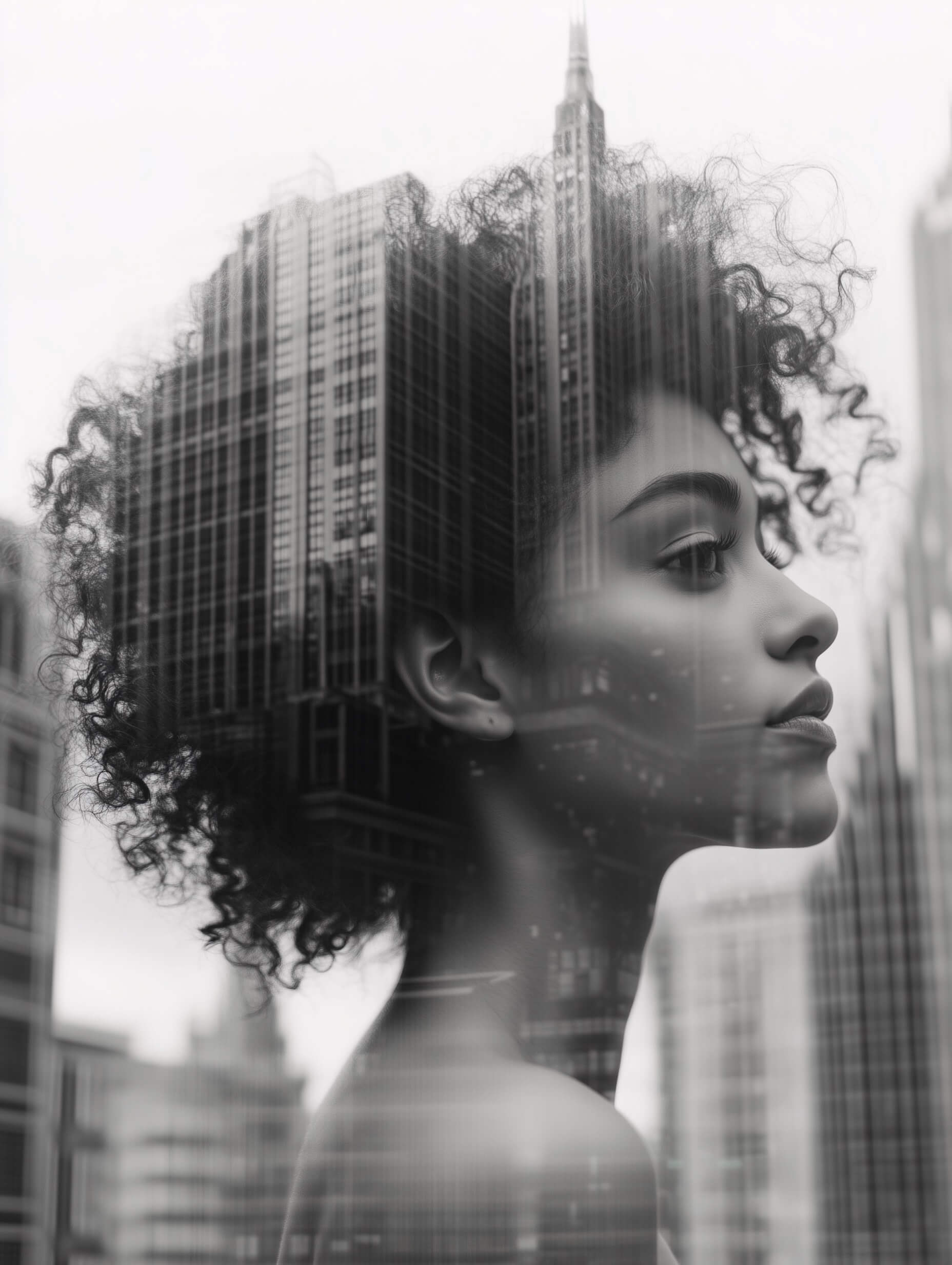 This striking black-and-white double exposure photograph features a woman’s side profile seamlessly blended with an urban cityscape. Her delicate features and soft skin merge with skyscrapers, creating a layered, dreamlike effect. Soft side lighting highlights her curly hair and contemplative expression against the contrasting cityscape overlay. The image was likely crafted with a mid-range aperture around f/4 for isolating the subject, a shutter speed of 1/125 to 1/200 to capture fine details, and low ISO for clarity. A standard portrait lens, perhaps 50mm or 85mm, was used for focus and soft background falloff, following the rule of thirds to balance the composition. The monochrome palette emphasizes textures and mood, with post-processing techniques achieving the layered double exposure. The image suggests introspection and connection with urban life through its stylistic simplicity and thoughtful composition.