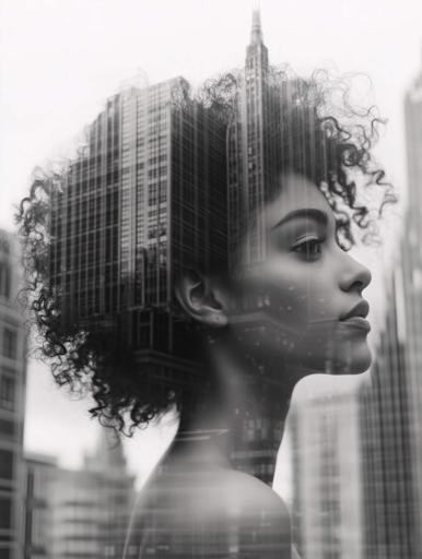 Cette photographie saisissante en noir et blanc à double exposition présente le profil latéral d’une femme qui se fond harmonieusement dans un paysage urbain. Ses traits délicats et sa peau douce se fondent dans les gratte-ciels, créant un effet superposé et onirique. Un éclairage latéral doux met en valeur ses cheveux bouclés et son expression contemplative par rapport au paysage urbain superposé. L’image a probablement été conçue avec une ouverture moyenne autour de f/4 pour isoler le sujet, une vitesse d’obturation de 1/125 à 1/200 pour capturer les détails fins et un ISO faible pour la clarté. Un objectif de portrait standard, peut-être 50 mm ou 85 mm, a été utilisé pour la mise au point et l’atténuation douce de l’arrière-plan, en suivant la règle des tiers pour équilibrer la composition. La palette monochrome met l’accent sur les textures et l’ambiance, avec des techniques de post-traitement permettant d’obtenir la double exposition superposée. L’image suggère l’introspection et la connexion avec la vie urbaine à travers sa simplicité stylistique et sa composition réfléchie.