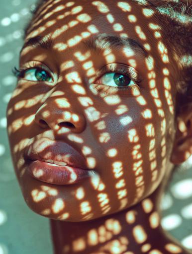 A captivating close-up portrait features a young African woman with freckles and pale hazel eyes gazing upward, bathed in soft, ethereal light patterns that cast exquisite highlights and shadows on her serene face, enhancing the mystical, dreamlike atmosphere. The subject fills the frame, positioned slightly below her chin with a natural, expressive gaze that evokes quiet curiosity. Technical details include dappled and directional lighting, a 50mm or 85mm lens with a wide aperture for shallow depth of field, moderate shutter speed, and carefully managed ISO to achieve clarity and contrast. The image's color palette favors greens and yellows for a cool yet warm-toned composition, supplemented by subtle post-processing techniques to highlight the eyes and freckles, and a minimalist approach in styling to maintain a natural, organic feel.