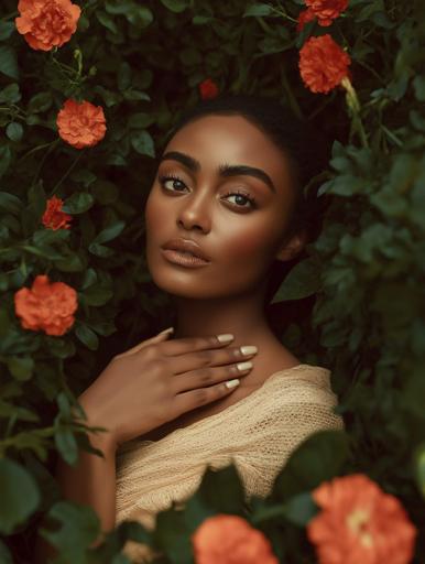 A captivating portrait of an African woman set against the vivid oranges of marigold blooms and lush green foliage. Her serene, soft gaze calmly meets the camera, with short coiled black hair blending into the surrounding greenery. Her skin delicately contrasts the flowers and leaves, while a light tan shawl softly drapes over her shoulders. Her hand gently rests near her heart, showcasing meticulously manicured nails, enhancing a delicate touch. The marigolds—blooming and budding—add romance and an earthy feel, directing attention to her face, the image's focal point. The natural lighting, possibly under shade, casts no harsh shadows, offering a gentle mood. A shallow depth of field, with a wide aperture like f/1.8, isolates her face and flowers from a softly blurred background, adding a dreamy quality. A 50mm or 85mm prime lens choice ensures sharpness and romantic softness. The composition centrally frames the subject with naturally occurring elements around her. Her hand's placement and soft expression balance the composition while drawing the viewer's eye to her face. The rich color palette—deep greens, fiery oranges, and skin's neutral tones—harmonizes beautifully, contrasting yet blending seamlessly. Simple post-processing might have enhanced contrasts for vibrant color pop, softened skin for flattering smoothness, and increased bokeh for focus, accentuating a calm, romantic atmosphere within the natural setting. Each aspect of the image creates a visually stunning portrait.