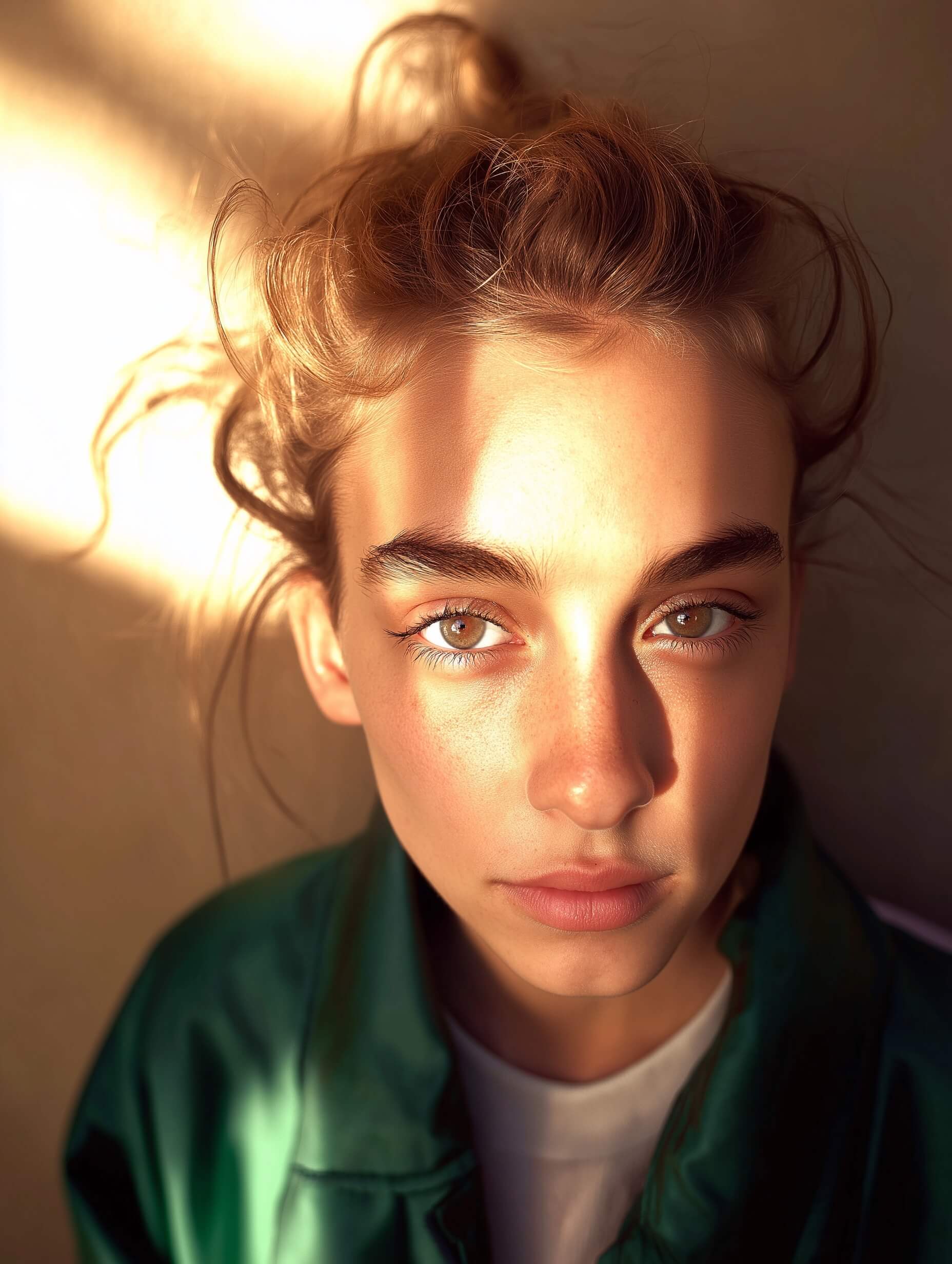 In this image, a young woman with fair skin and light brown hair in a messy bun is captured during golden hour with warm natural lighting, wearing a dark green bomber jacket and gazing directly at the camera with a serene expression, against a plain beige wall that enhances focus on her calm and intimate demeanor, with soft shadows adding depth, and minimal post-processing maintaining a natural and warm tone throughout the portrait.