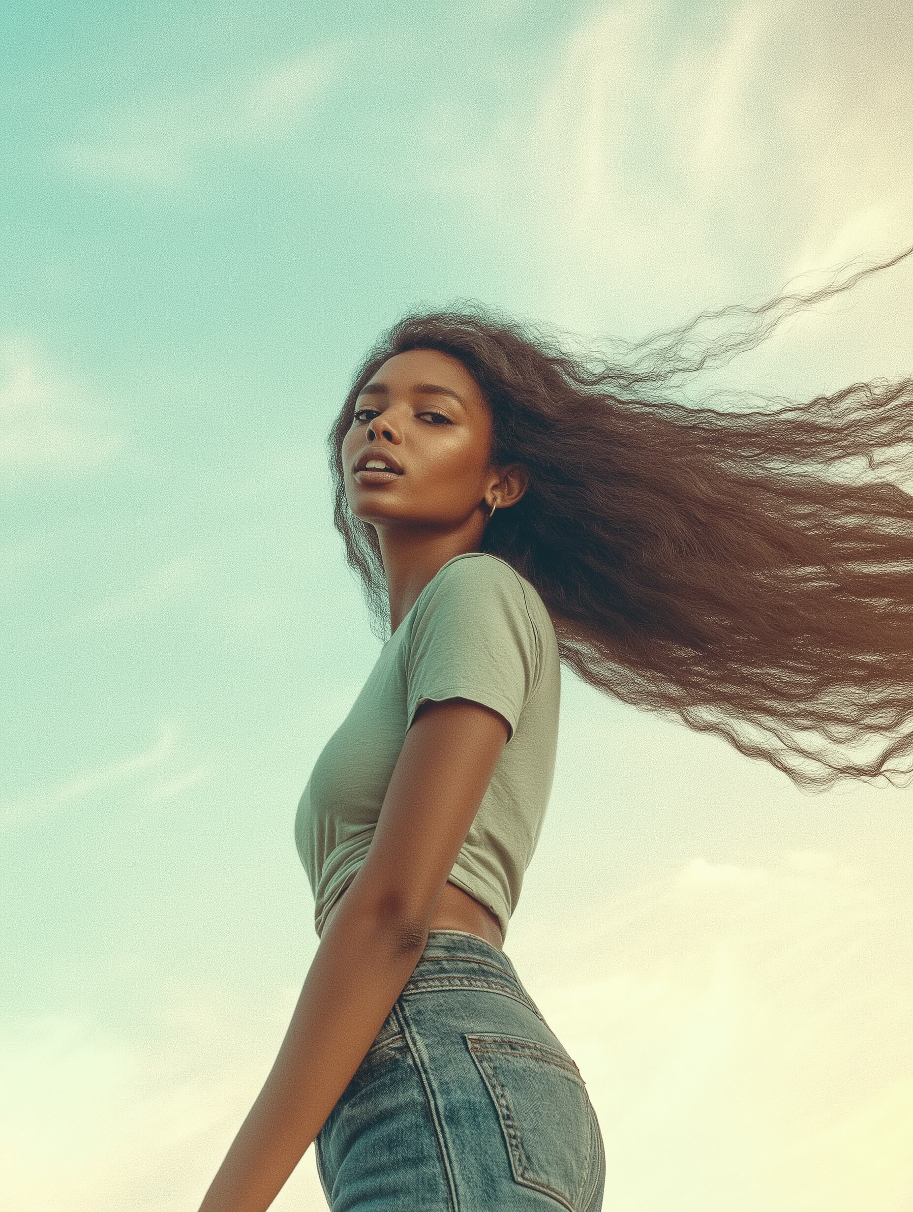 Un retrato minimalista al aire libre captura a una joven negra de piel morena clara contra un cielo de suaves tonos pastel. Tomada desde un ángulo bajo, su presencia es imponente, con el pelo largo y rizado que le cae por la espalda. Lleva un top verde ajustado e informal y unos vaqueros azules de cintura alta. La paleta de colores tenues con un toque vintage complementa el cielo pálido y el ambiente sereno. La luz natural suave y difusa y la composición centrada crean una atmósfera equilibrada y tranquila, realzada por una suave gradación de color y un sutil efecto de grano.