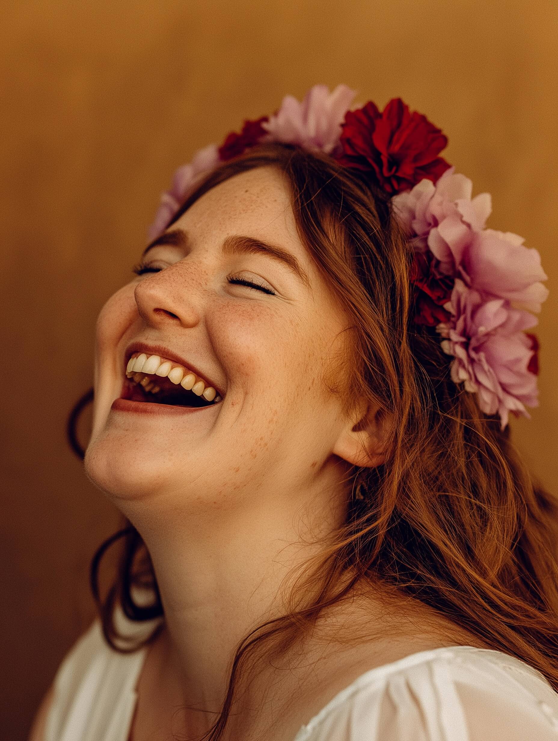 Esta imagen muestra a una mujer alegre de piel blanca pálida y ojos cerrados, expresando una felicidad sin filtros. Su cabello ondulado, adornado con una corona de flores de color violeta brillante, agrega un toque caprichoso resaltado por una suave iluminación cenital que realza su piel resplandeciente. El sujeto principal, capturado con un enfoque nítido y una profundidad de campo reducida, se encuentra sobre un fondo marrón borroso y apagado, lo que aumenta el contraste vibrante de la corona. La mujer, encuadrada desde los hombros hacia arriba, ligeramente descentrada y dándole la espalda a la cámara, muestra un perfil de risa despreocupada. La paleta de colores armoniza de forma natural y el posprocesamiento mínimo realza la atmósfera general cálida y acogedora.