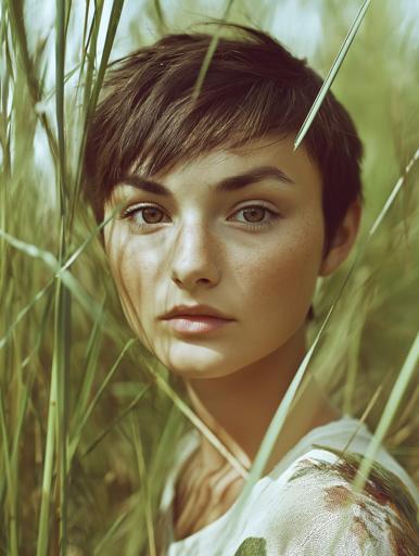 Un retrato en primer plano de una mujer joven con pecas claras, cabello castaño corto y ojos claros penetrantes enmarcado por pastos altos y verdes apagados crea una sensación natural y terrenal. La escena íntima se desarrolla contra un fondo suavemente iluminado y suavemente enfocado para resaltar la expresión neutral y contemplativa del sujeto. Capturada con una apertura amplia para desenfocar el fondo y obtener detalles en primer plano, la composición orgánica presenta una combinación armoniosa de verdes y marrones apagados, con los llamativos ojos de la mujer brindando contraste. La iluminación natural y el posprocesamiento sutil subrayan la estética realista y melancólica de la imagen.