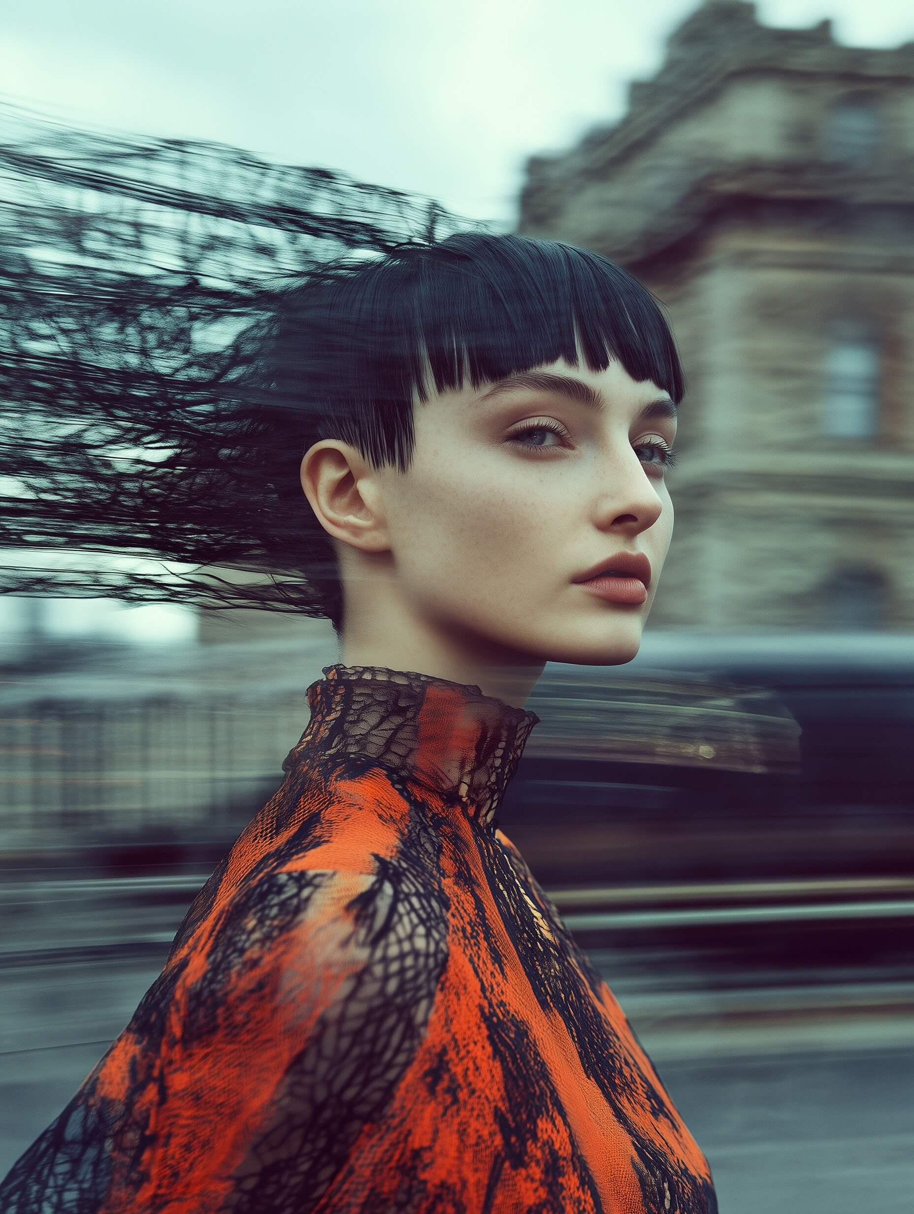 A high-fashion portrait features a woman with short, jet-black hair styled windswept against a blurred urban backdrop with passing cars and city lights, creating a sense of motion. Her pale complexion and sharp facial features starkly contrast her dark clothing, generating a cinematic aura reinforced by a cool, blue-dominated palette. Soft, diffused lighting highlights these contrasts under a shallow depth of field (f/2.8 - f/4) with a slow shutter speed (1/30 - 1/60) that blurs the dynamic background while preserving her focused stillness. An off-center composition emphasizes motion blur, rendering the subject frozen amid bustling urbanity. Use a 50mm or 85mm prime lens for this scenario. Minimalist styling with a high-neck black outfit and her windswept hair contribute to a structured editorial aesthetic. Enhance the motion blur effect in post-processing with a cool color grade to maintain a modern edge, ensuring the woman's gaze, directed slightly off-camera, evokes mystery and detachment within this striking editorial portrait.