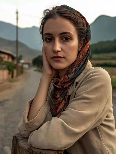 Capture a serene outdoor portrait of a woman with medium skin and dark hair resting against a wooden post in front of a scenic mountain landscape. She wears a light brown jacket and a patterned headscarf, enhancing the rustic charm of the image, while her calm face and closed eyes reflect tranquility. The late afternoon sun casts a warm glow, creating long, soft shadows and defining her facial features gently. A wide aperture ensures a blurred background of mountains, fields, and a clear sky, maintaining focus on her serene expression, while a 50mm or 85mm lens captures this moment with flattering compression. Designed with the rule of thirds, the portrait emphasizes her peaceful expression amidst a backdrop of blurred natural beauty. The color palette harmonizes earthy tones with distant blue-tinted mountains, accented through subtle post-processing to highlight warmth and enhance clarity. An unobtrusive vignette draws focus to her expression, combining natural beauty, simple styling, and genuine vibe in a calm, reflective setting.