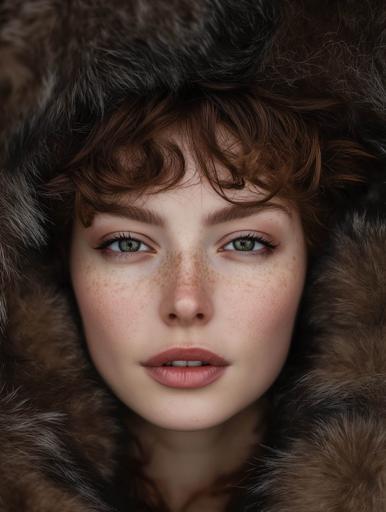 This visually arresting portrait captures a Caucasian woman with curly brunette hair enveloped in lush, dark brown fur. Her neutral yet slightly melancholic expression, framed by precise bangs, draws attention with her deep gaze, while her light brown skin contrasts the fur's dark tones. The lighting is soft, highlighting her cheekbones and the fur’s texture, creating a striking interplay of cool and warm tones. Shot with a 50mm lens at f/2.8, the composition is tightly centered, emphasizing her face and the rich texture of her surroundings, supported by subtle post-processing to enhance contrast and details.