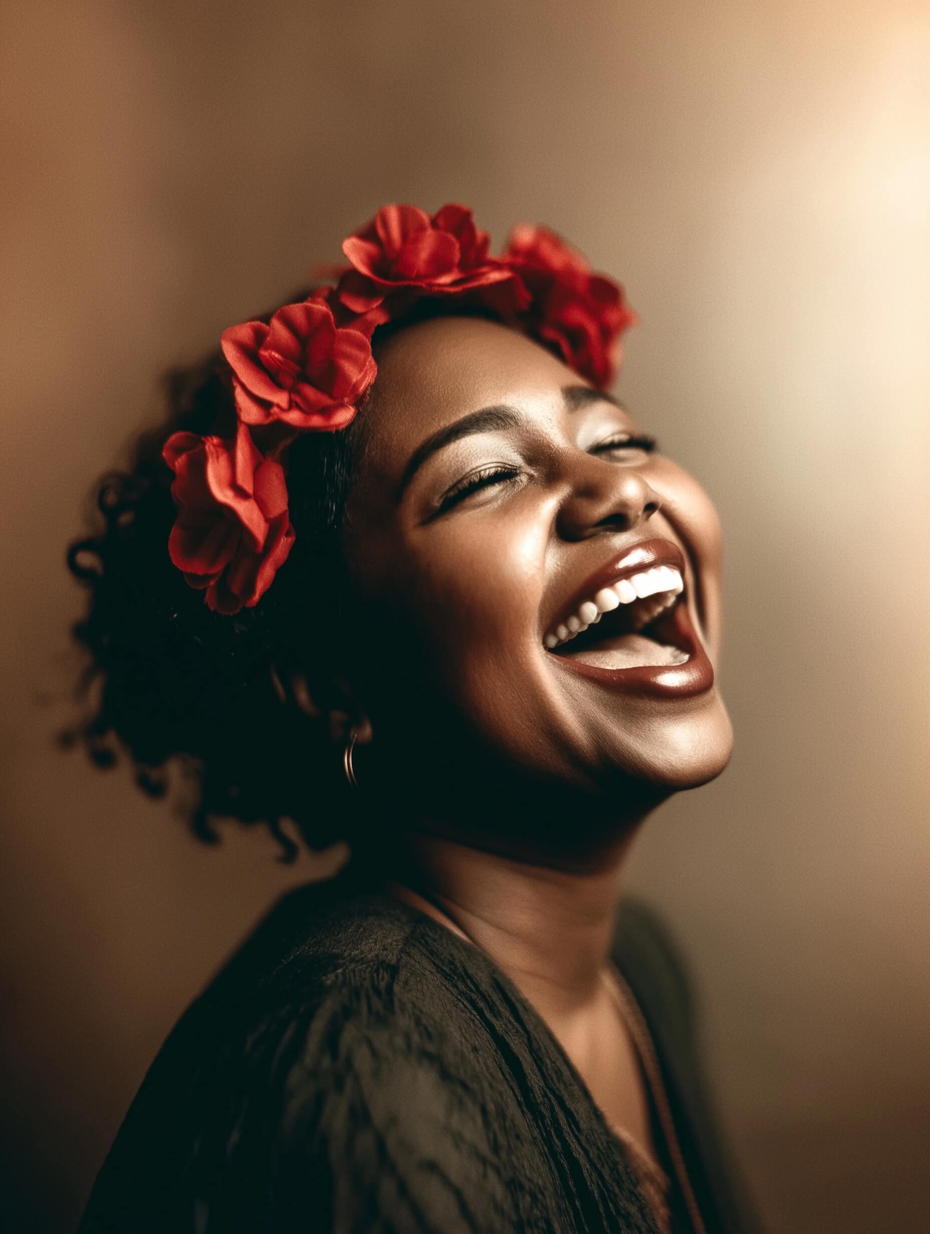 La photo représente une femme joyeuse à la peau brun foncé, les yeux fermés et souriant largement, ses cheveux naturels bouclés ornés d'une couronne de fleurs rouge vif. Ce contraste ajoute une ambiance ludique et festive à sa peau lisse et radieuse. Mis en valeur par une seule lumière douce venant de la gauche, son visage et ses épaules brillent d'un léger dégradé d'ombres sur la droite, mettant en valeur ses traits naturels. Une faible ouverture, probablement autour de f/2,8, assure une mise au point nette sur sa posture de rire, avec un arrière-plan brun légèrement flou s'harmonisant avec son teint pour accentuer la couleur audacieuse de la couronne et son comportement insouciant. Un post-traitement minimal, axé sur la préservation du teint naturel de la peau et une légère amélioration des ombres, met en valeur le bonheur du sujet dans cette photo spontanée.