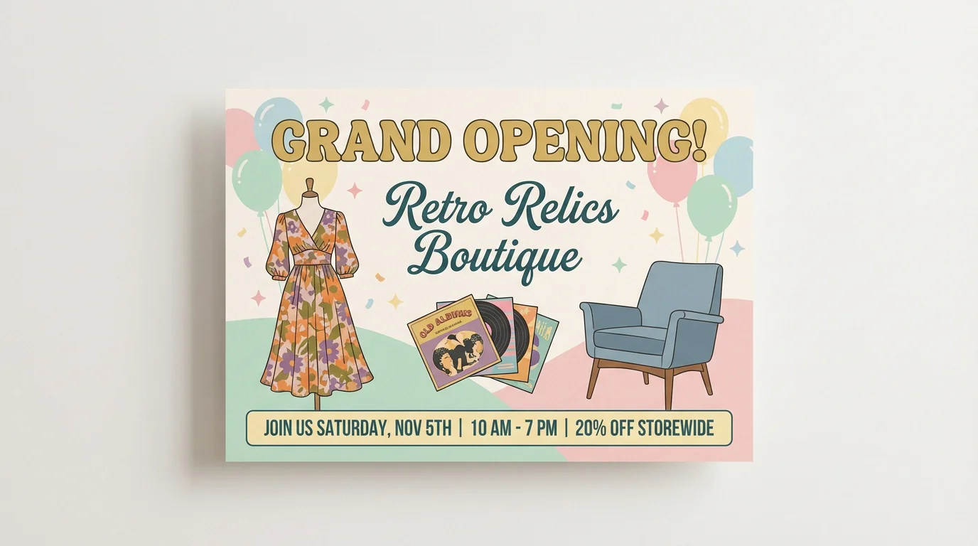 A professionally designed grand opening poster for a vintage shop, featuring pastel colors, stylish typography, and illustrations of retro clothing and furniture. It announces the event date and a special discount.