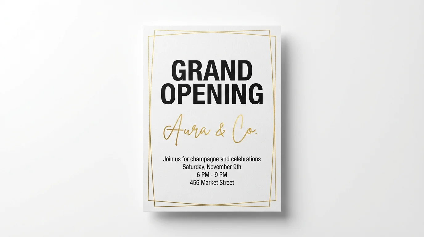A professional mockup of a grand opening poster for a boutique called 'Aura & Co.' set against a plain white background. The poster features elegant black and gold text.