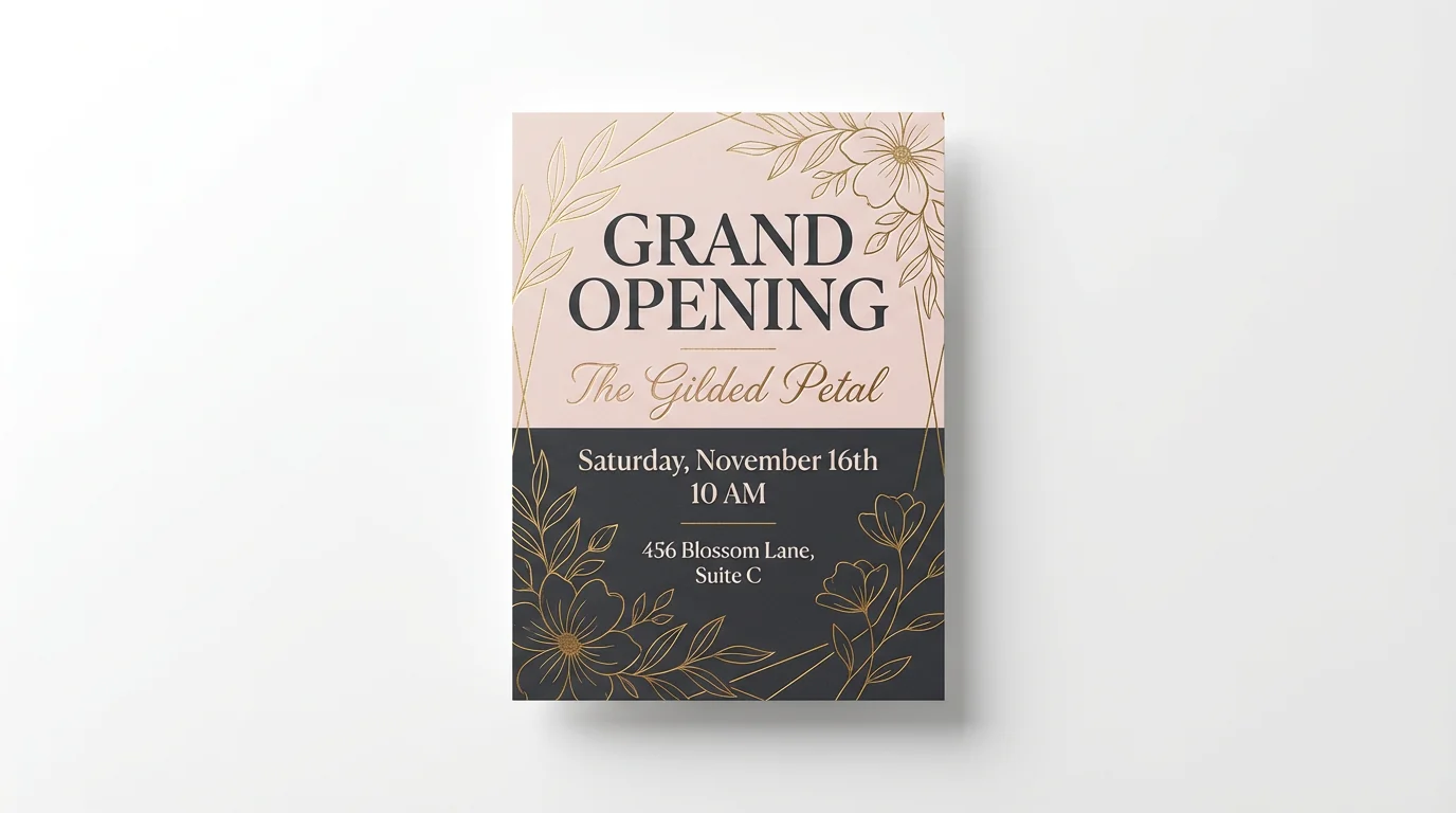 A modern and chic grand opening poster for a fictional business called 'The Gilded Petal'. The poster features elegant text and gold foil details against a white background.