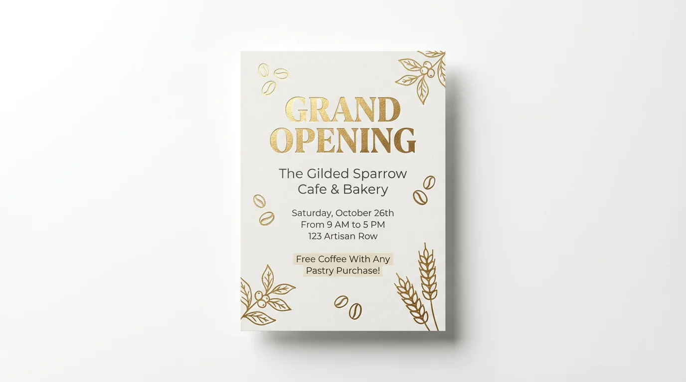 A professionally designed grand opening poster for 'The Gilded Sparrow Cafe & Bakery' featuring elegant gold foil text and illustrations against a white background, announcing the date and a special offer.