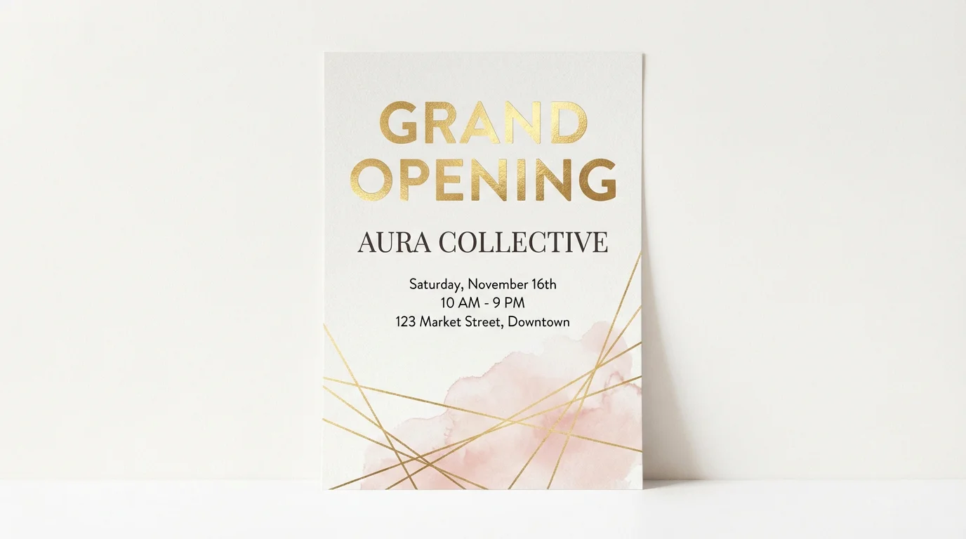 A modern and chic grand opening poster for a fictional boutique named 'AURA COLLECTIVE'. The poster features elegant gold and black text on a white background with abstract design elements, announcing the event details.