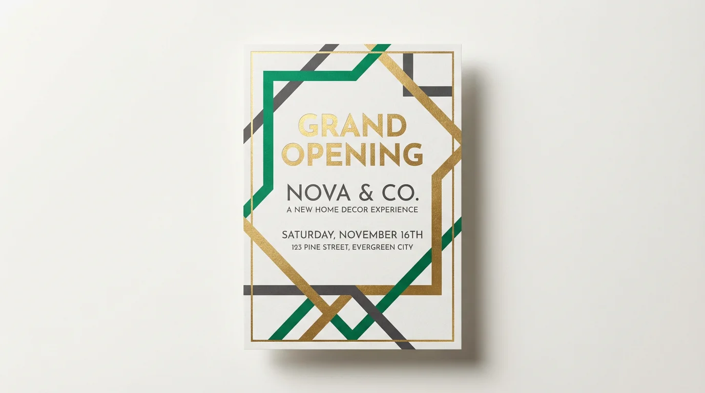 A modern and elegant grand opening poster for a home decor store named 'Nova & Co.', featuring emerald green, gold, and charcoal gray geometric designs on a white background.