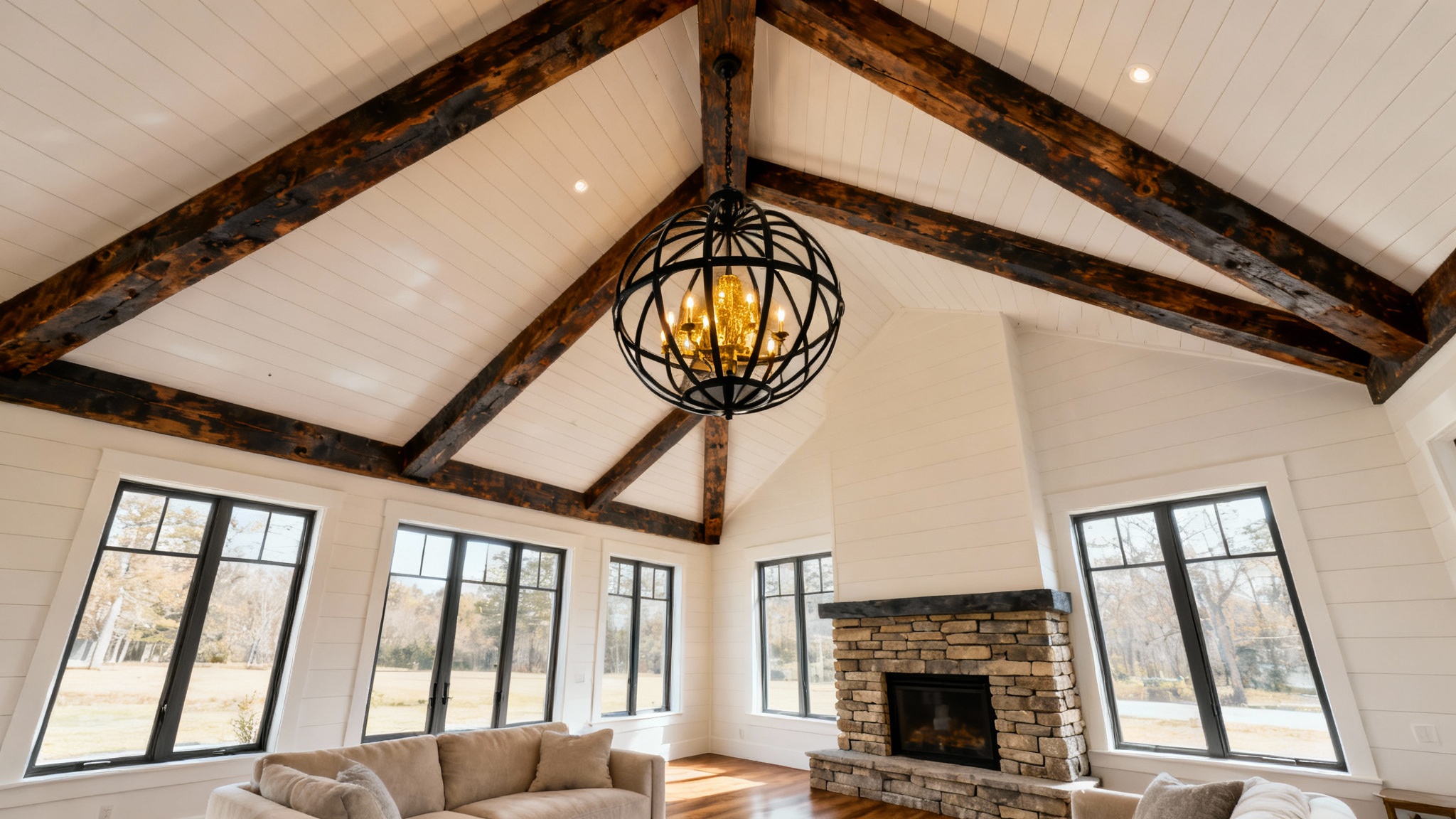 An eye-catching view of a finished modern farmhouse ceiling design, featuring dark wood beams, white shiplap, and an elegant chandelier in a bright, airy living room.
