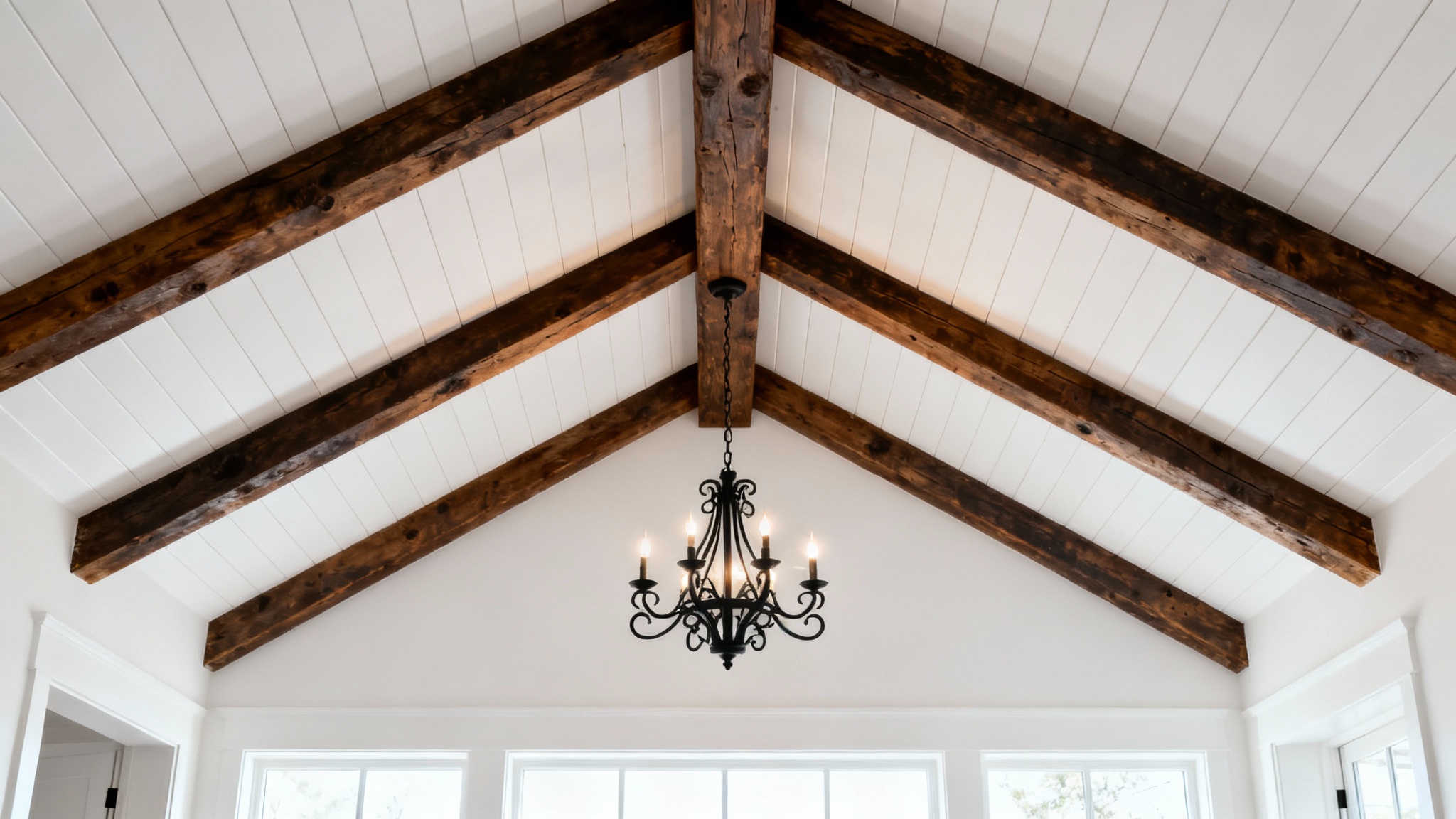 A close-up view of a modern farmhouse ceiling design, featuring prominent dark wood beams against a white shiplap background and a central black chandelier.