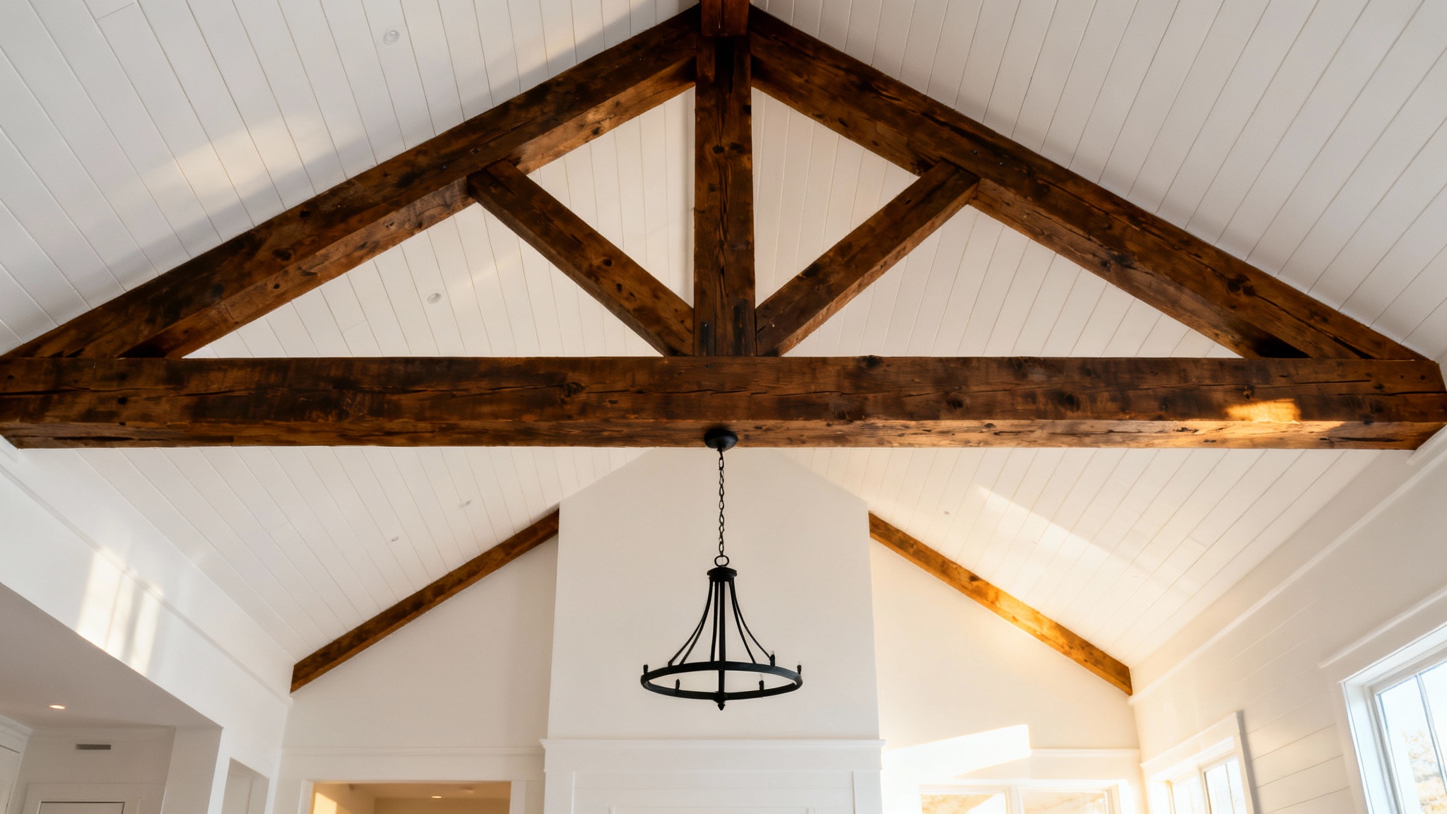A close-up view of a modern farmhouse vaulted ceiling, featuring dark wooden beams, white shiplap, and a simple black iron chandelier in a bright, sunlit room.