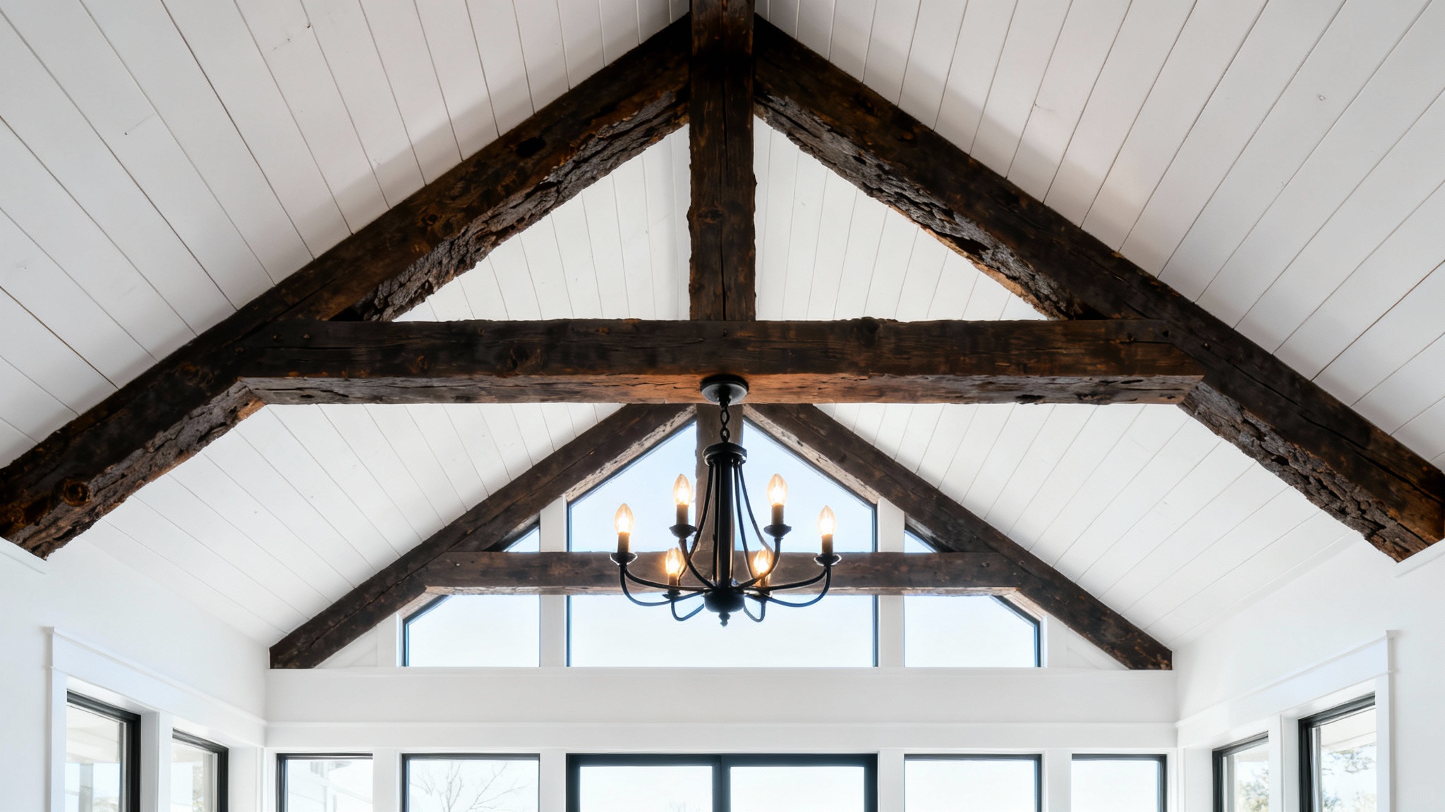 A beautiful modern farmhouse living room with a vaulted ceiling, featuring dark wood beams, white shiplap, and a large black chandelier, creating a bright and airy feel.