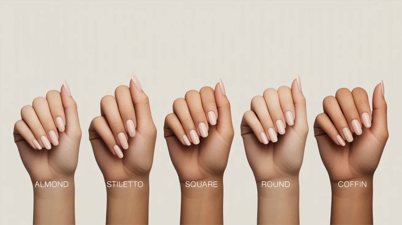 An elegant hero image displaying five different manicured nail shapes—almond, stiletto, square, round, and coffin—each shown on a separate hand against a clean background, with text labels identifying each shape.