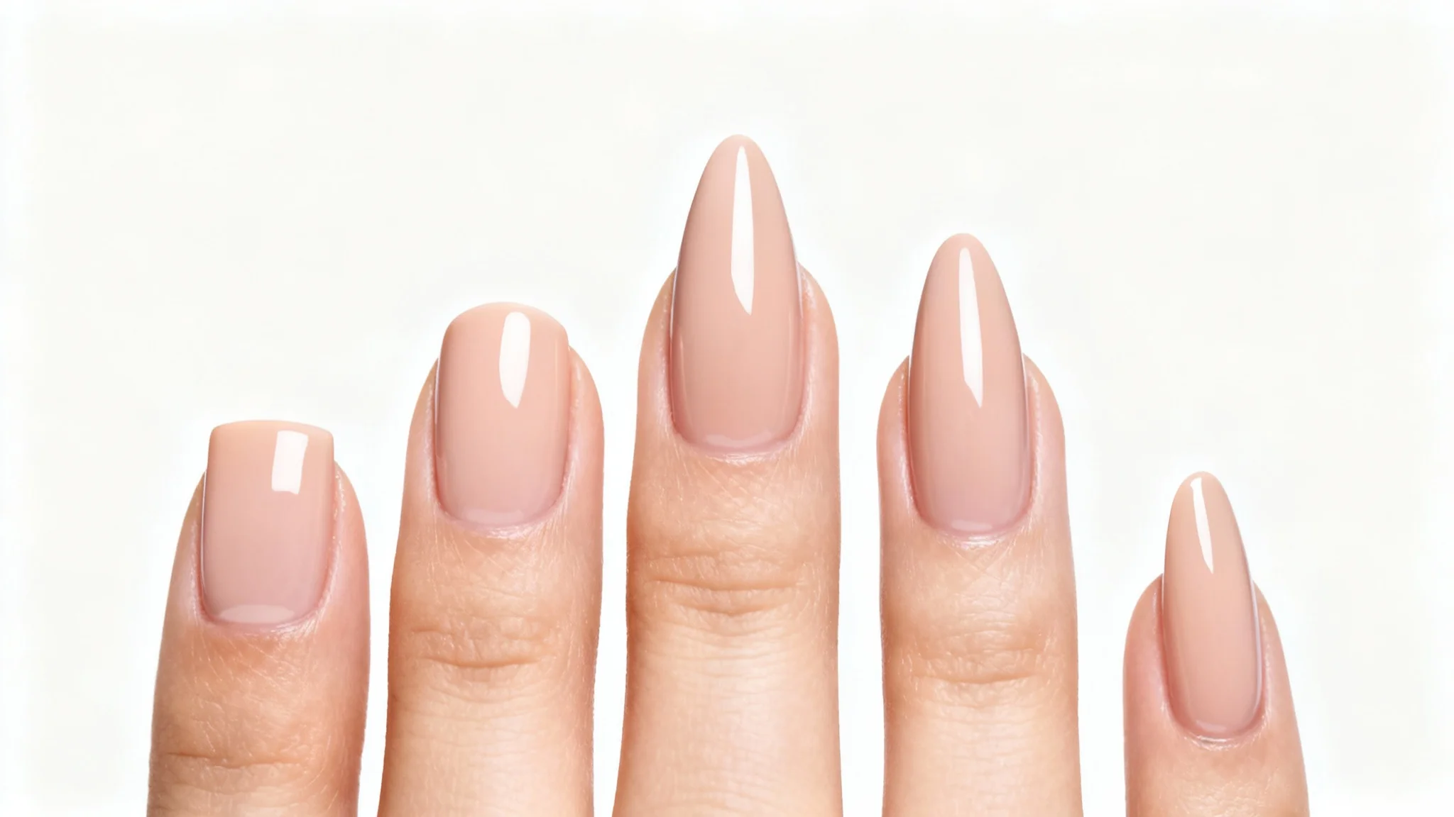 A close-up image displaying five different popular nail shapes, square, oval, almond, stiletto, and coffin, each on a separate fingertip, arranged in a row against a clean white background.
