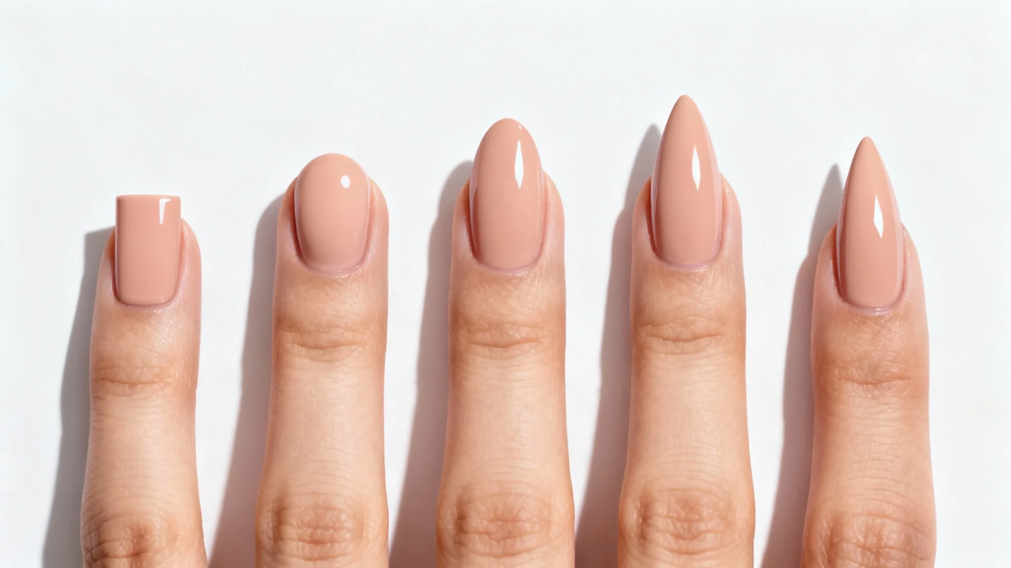 A mockup showing five different hands lined up, each with a different nail shape (square, round, oval, almond, stiletto) painted in a glossy nude color against a clean white background.