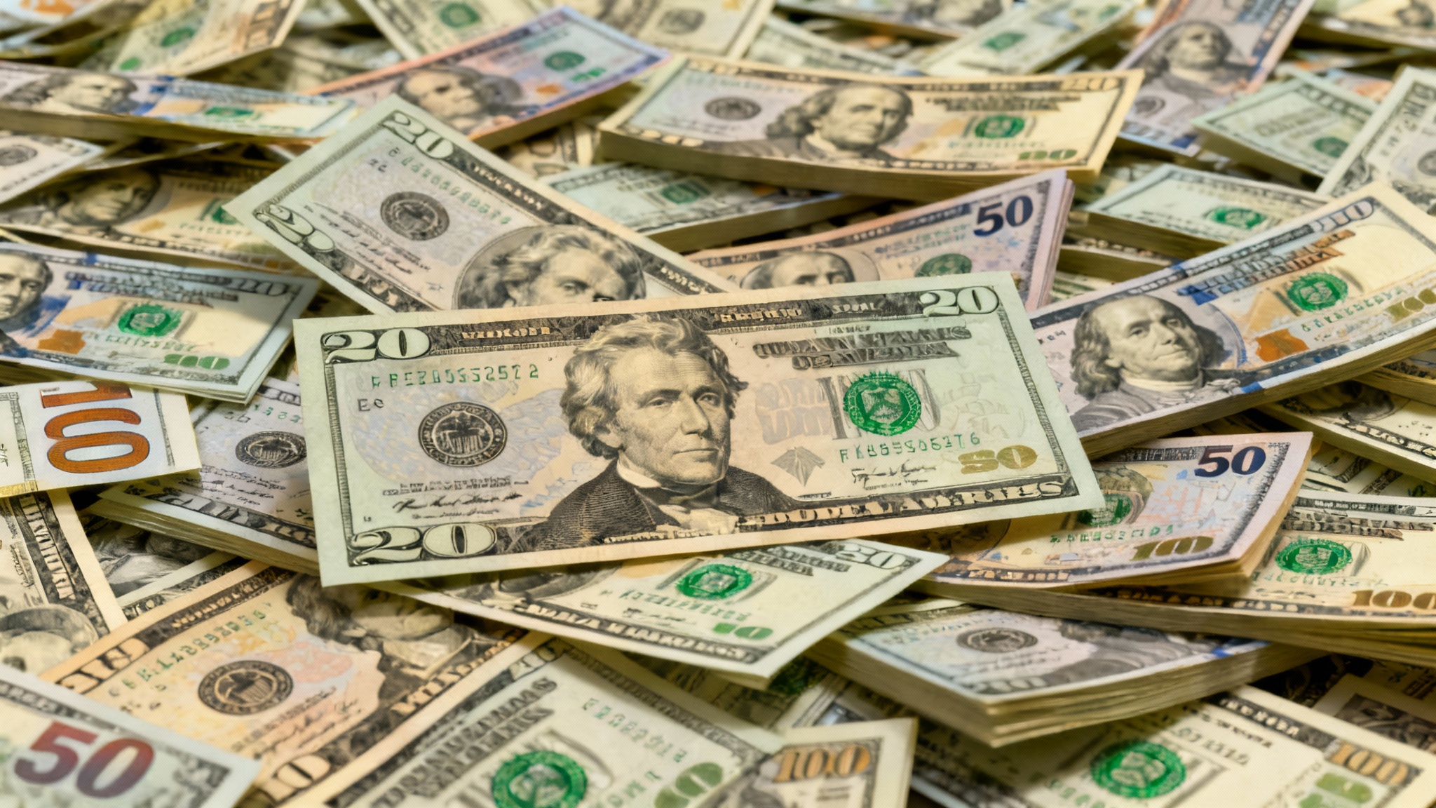 A photorealistic hero image showcasing a seamless background made of overlapping U.S. dollar bills in various denominations, creating a rich texture that symbolizes wealth.