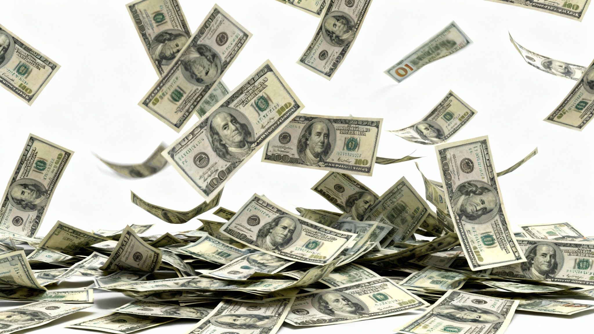 A background of crisp, new one-hundred-dollar bills scattered and falling against a clean white backdrop.