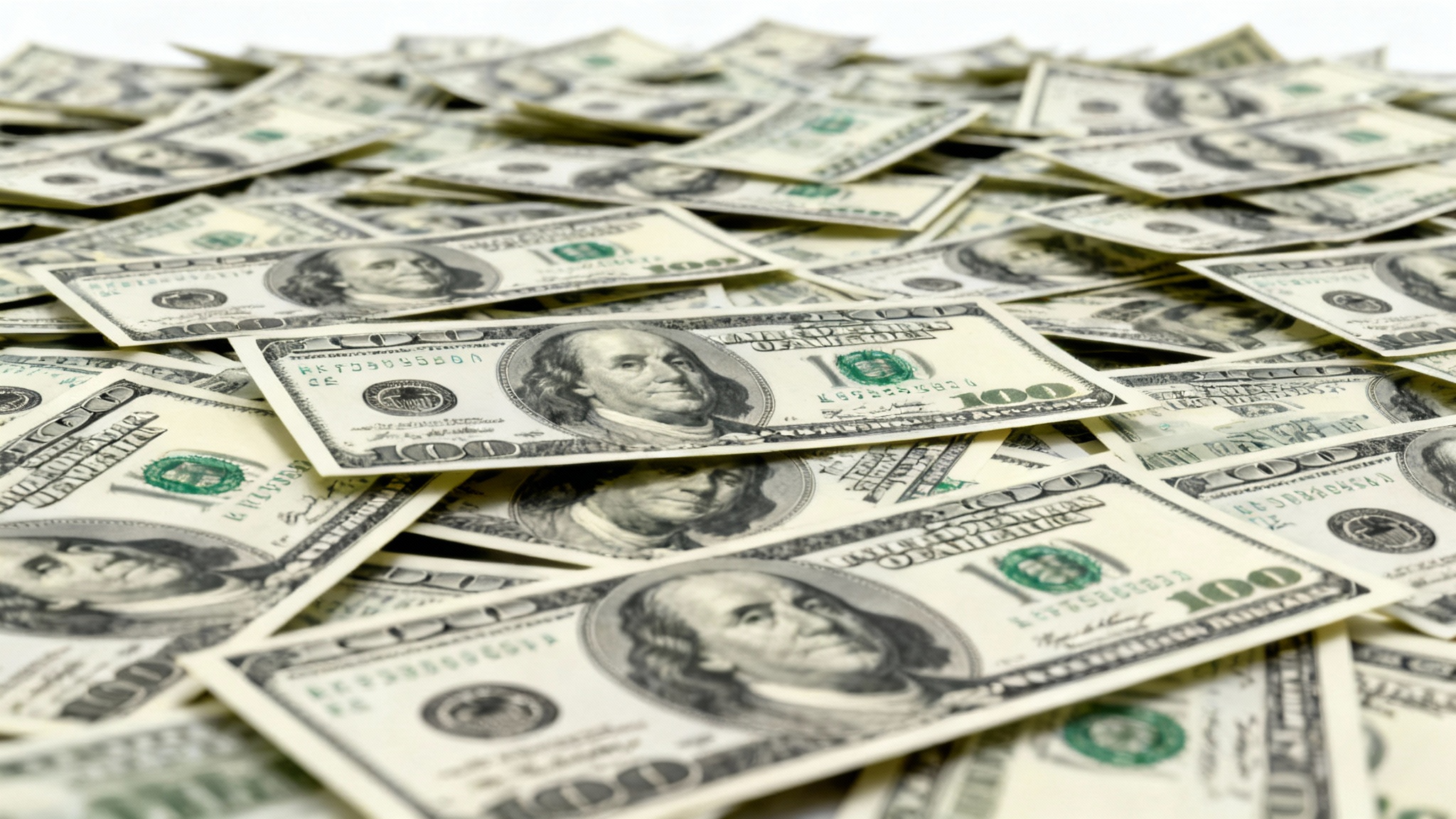 A photorealistic background completely covered in a scattered pile of crisp, new US dollar bills, symbolizing wealth and finance.