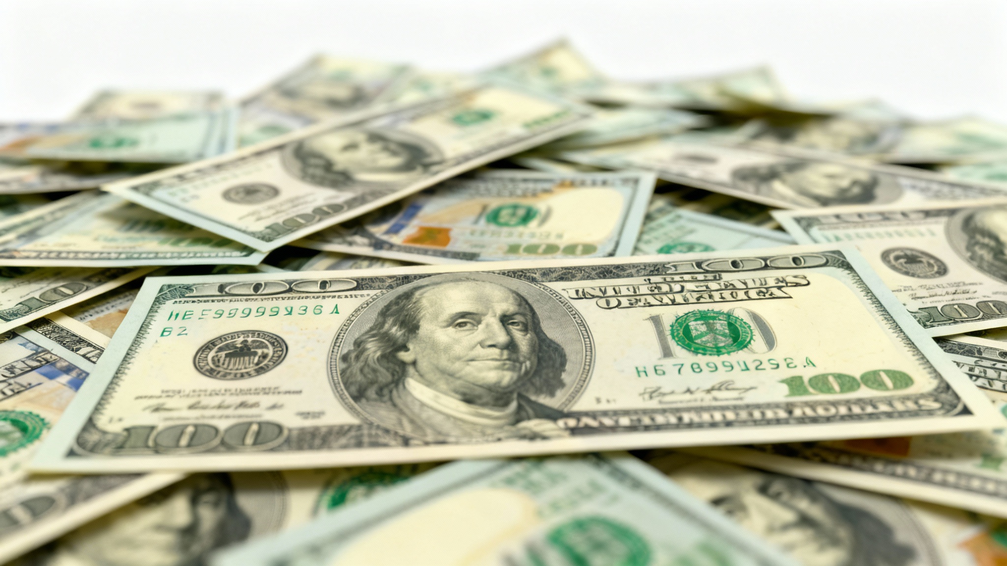 A photorealistic, close-up image of a scattered pile of US hundred-dollar bills, creating a textured background with a shallow depth of field against a white background.