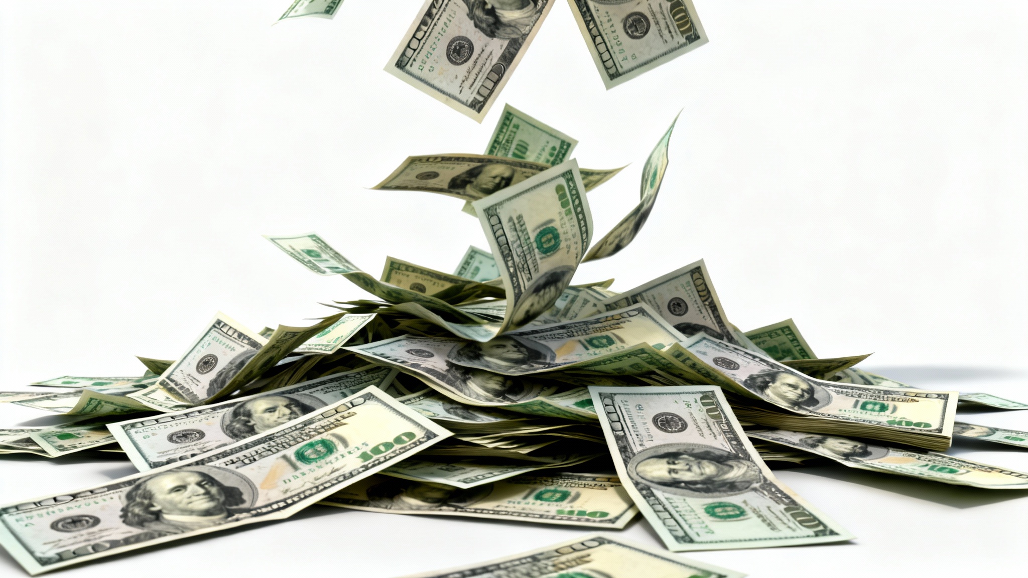 A photorealistic background image showing a cascade of one-hundred-dollar bills piling up on a clean white surface, conveying a sense of wealth and abundance.