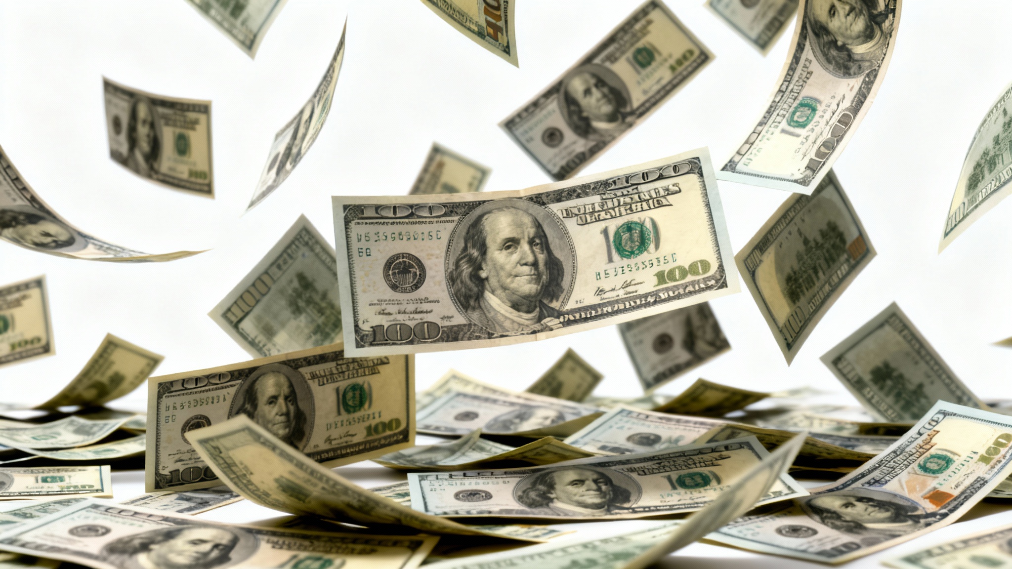 A photorealistic image of a cascade of United States one-hundred-dollar bills falling against a plain white background.