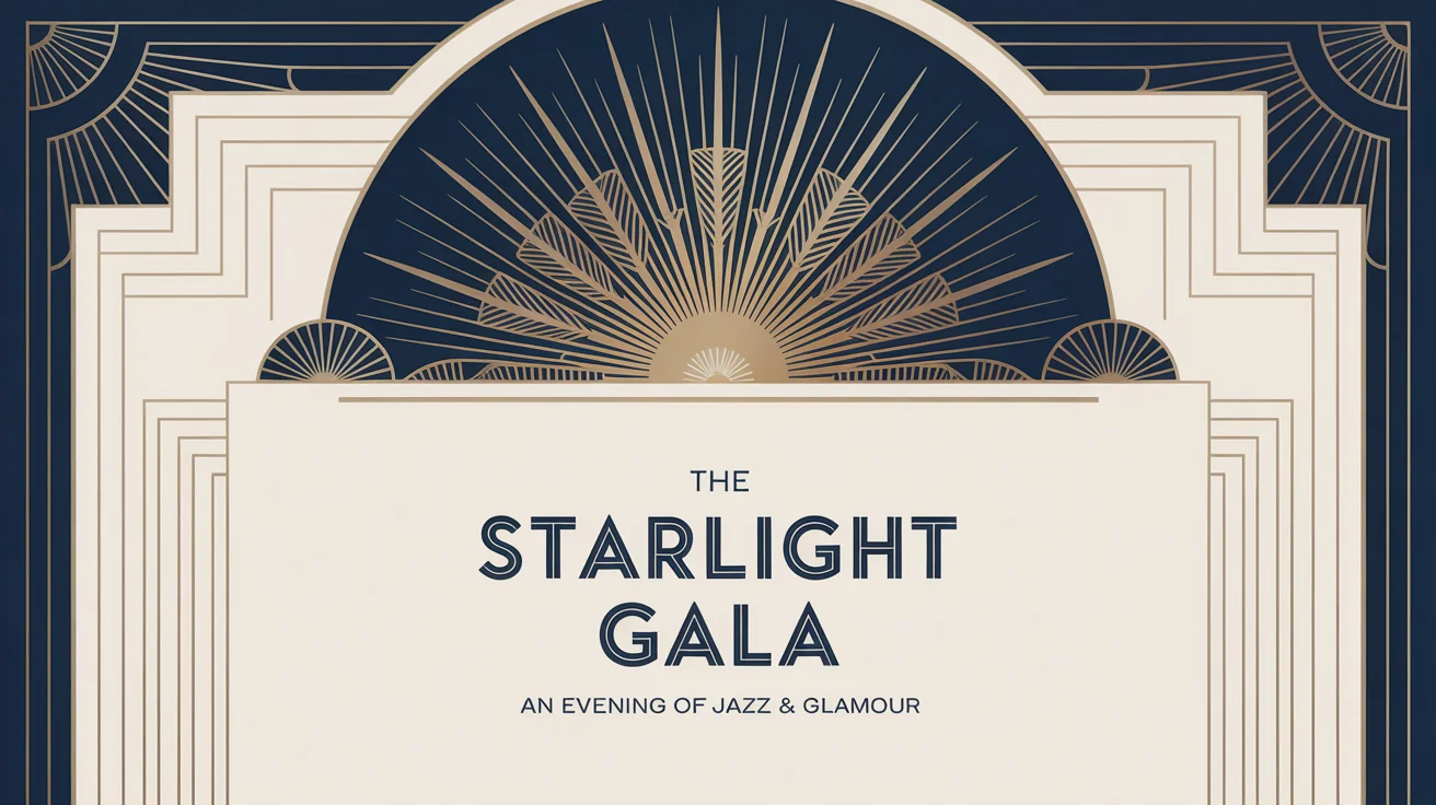 A finished, professional Art Deco event invitation for 'THE STARLIGHT GALA', featuring a navy blue and gold color scheme with symmetrical geometric patterns and a central sunburst.