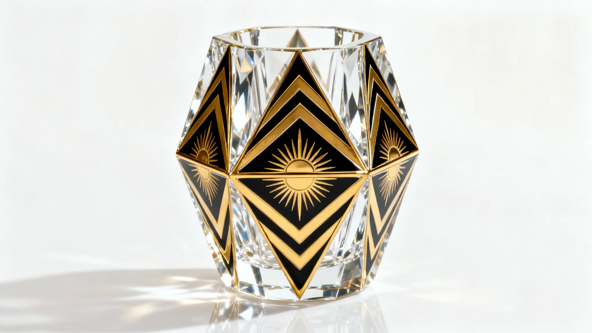 A photorealistic mockup of an elegant Art Deco crystal vase with gold and black geometric patterns, set against a clean white background.