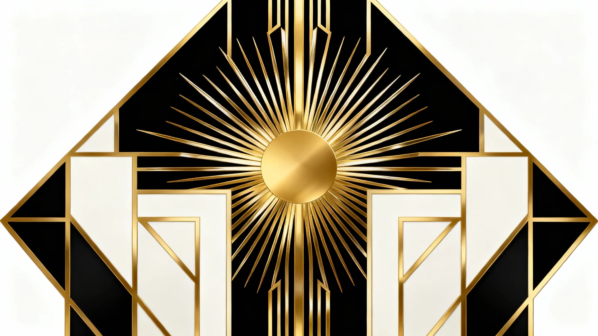 A luxurious Art Deco graphic design featuring a symmetrical gold sunburst motif with bold geometric shapes in black, gold, and ivory, presented on a clean white background.