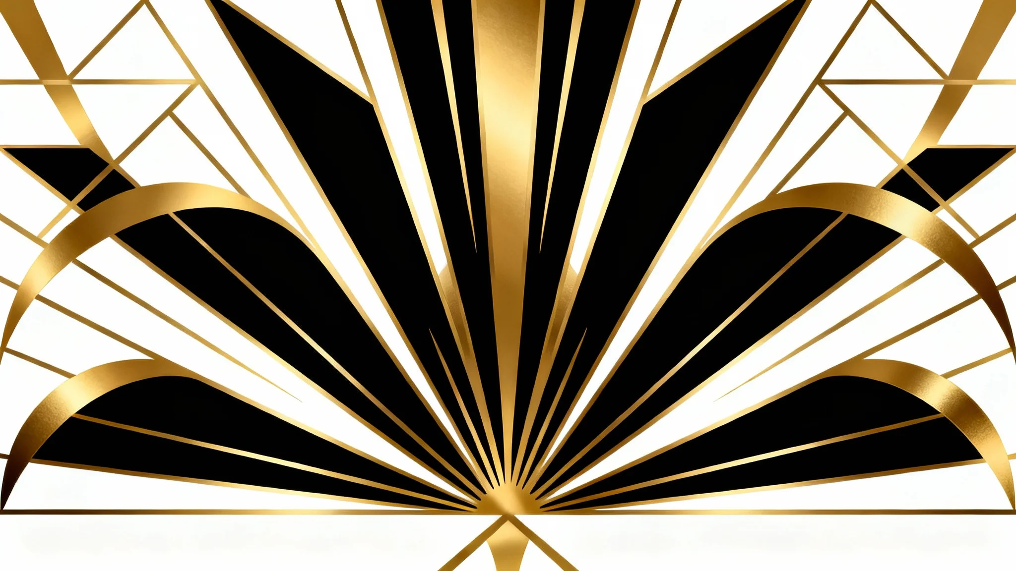 A luxurious Art Deco graphic design featuring a symmetrical, geometric sunburst pattern in black and metallic gold, isolated on a clean white background.