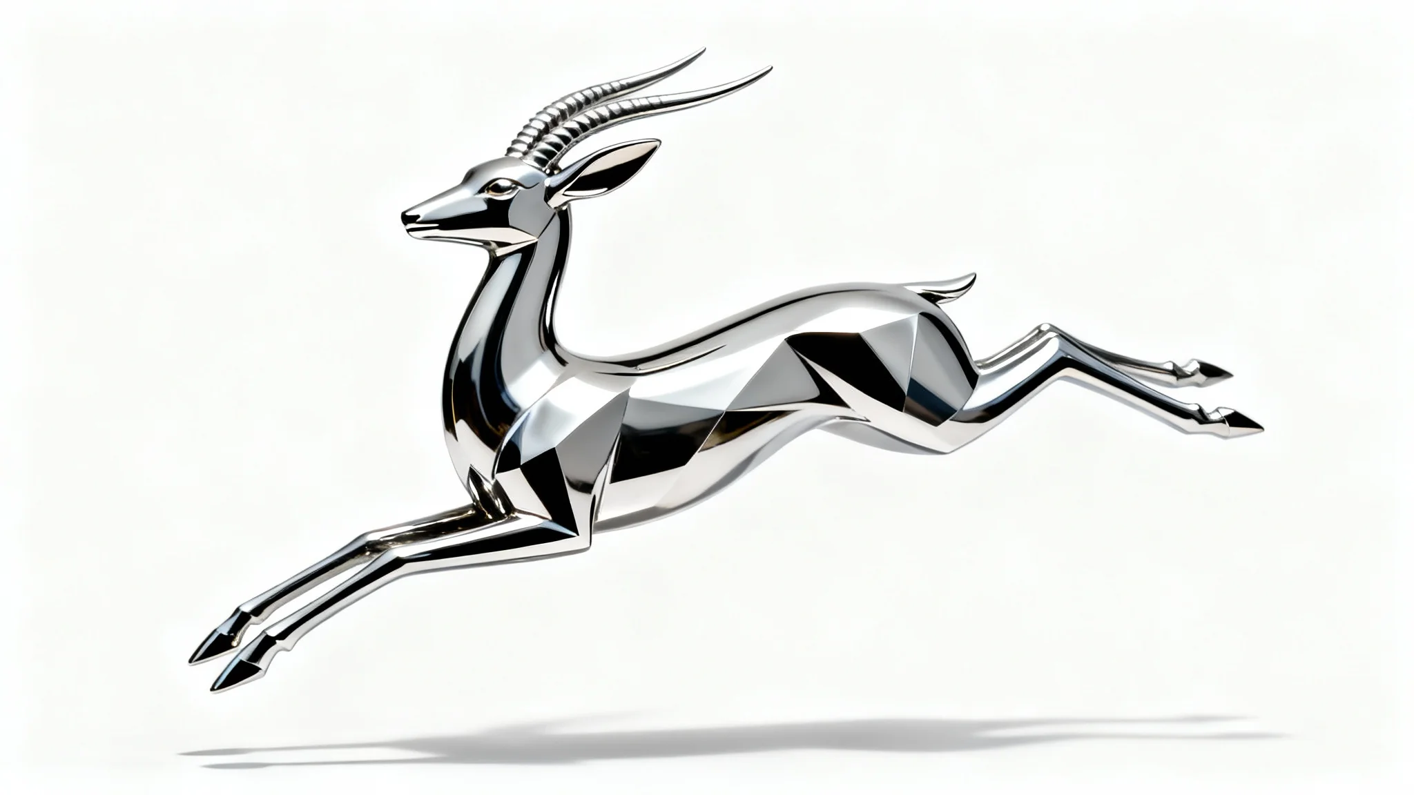 A photorealistic image of a sleek, polished chrome sculpture of a leaping gazelle in the Art Deco style, isolated against a stark white background.
