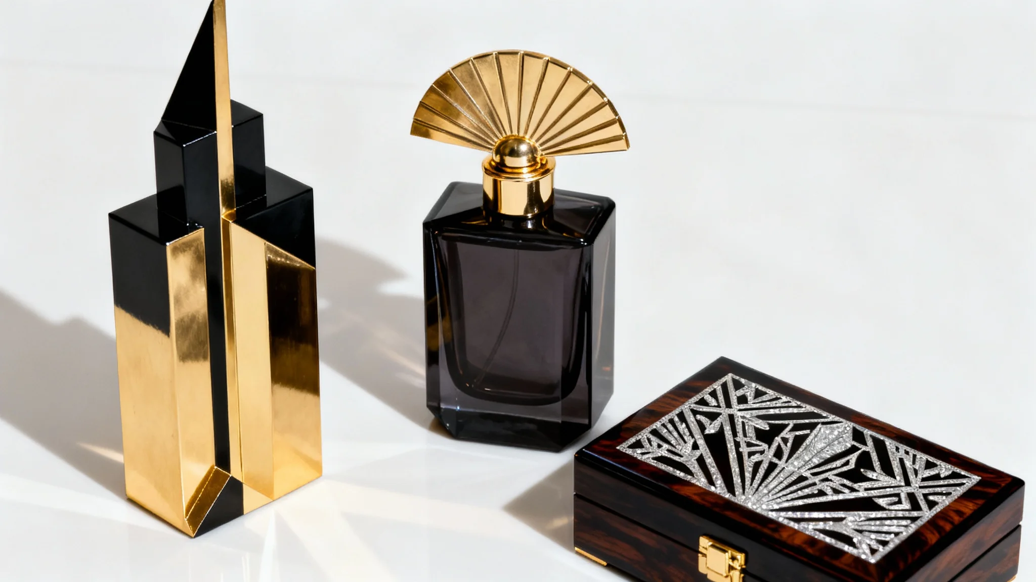 A photorealistic mockup of several Art Deco-style objects, including a geometric sculpture and a perfume bottle, arranged elegantly on a clean white background.
