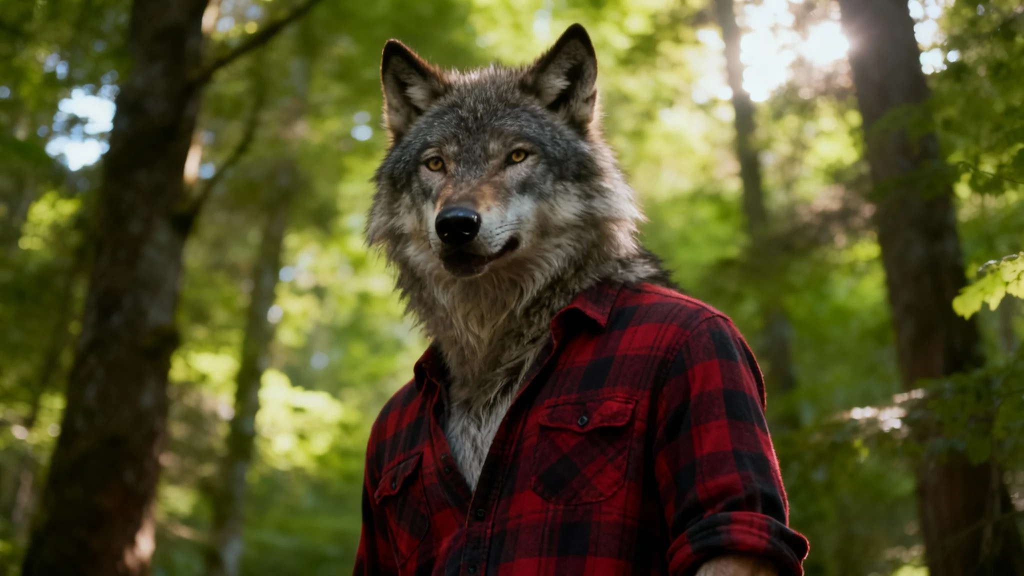 A surreal, photorealistic image of a man in a forest whose face has been digitally morphed with a wolf's face, blending human eyes with a wolf's snout and ears.