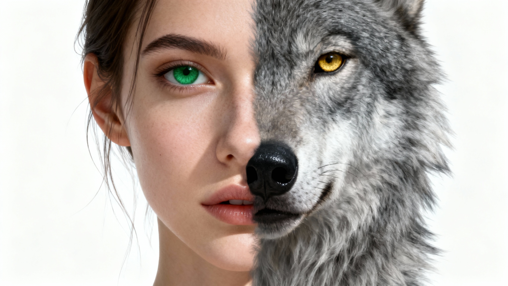 A hyper-realistic digital art portrait showing a woman's face seamlessly morphing into the face of a grey wolf, set against a clean white background to illustrate an animal face morph concept.